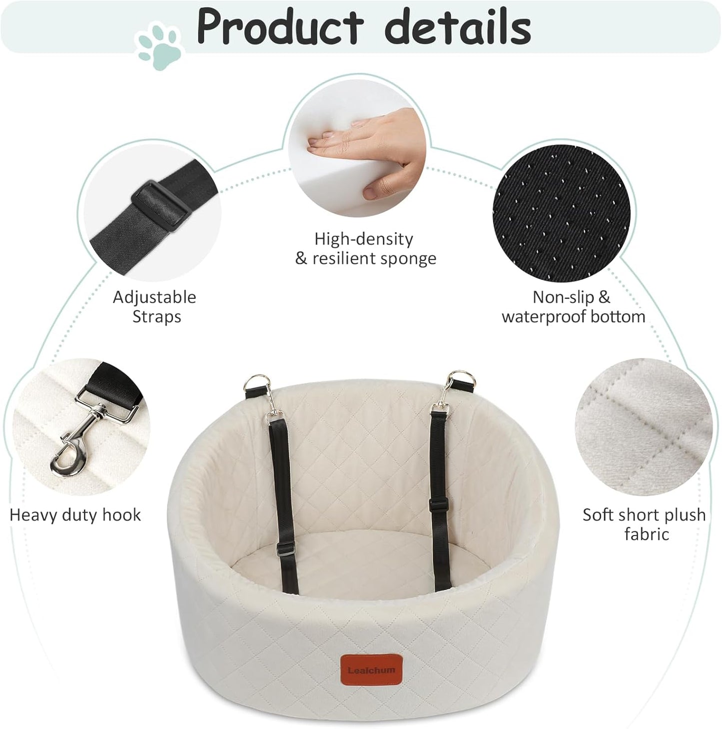 Dog Car Seat for Small Dogs Up to 30 Lbs,Ultra Soft Fabric Fill in Comfy Memory Foam,Happy Pet Ride,2 Safety Dog Leashes,Fully Detachable and Washable,Anti Slip Base(Beige)