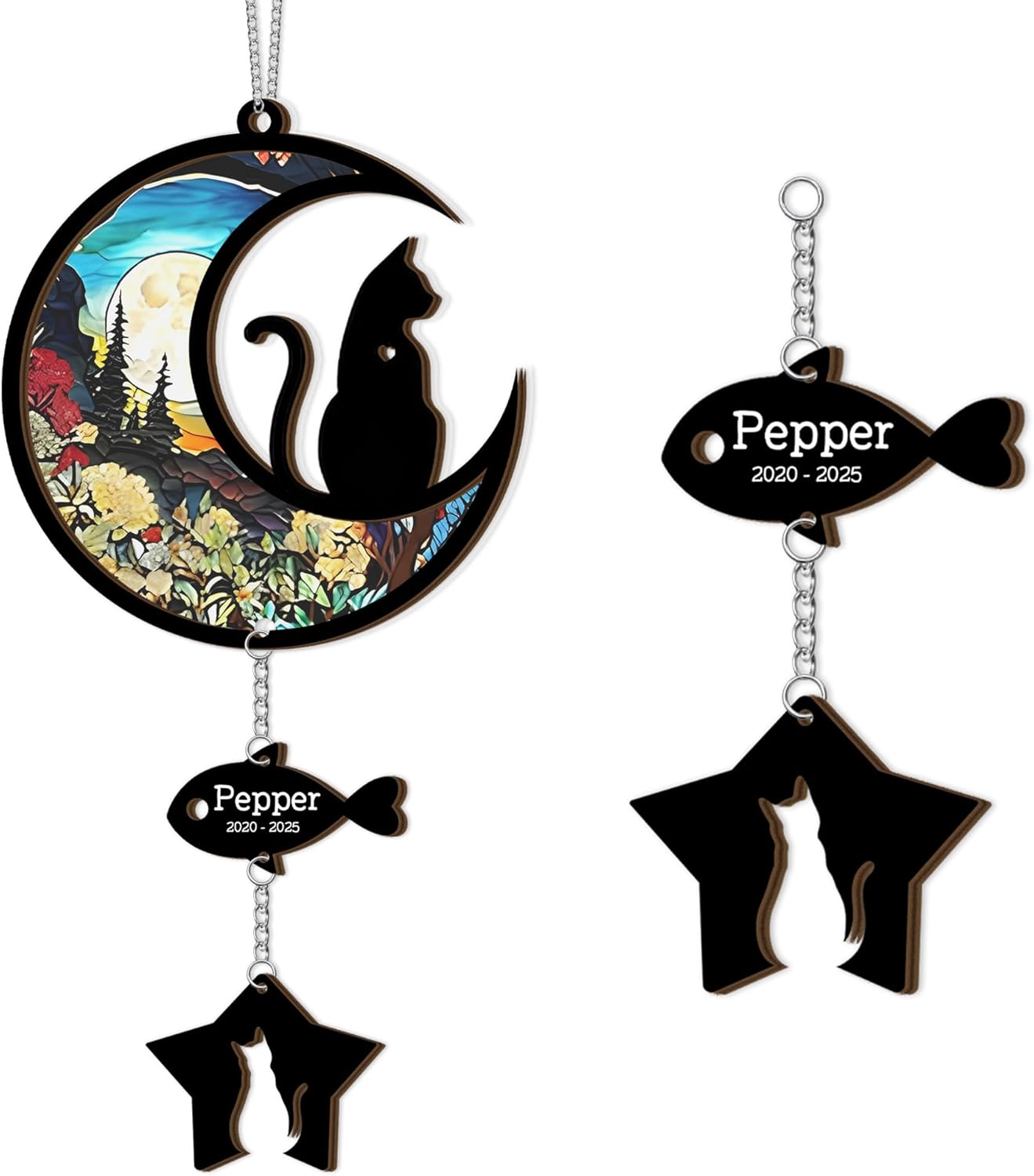 Moon Shape Stained Glass Cat Suncatcher | Customized Pet Memorial Suncatcher with Photo & with Charms | Personalized Memorial Gifts for Pet Lovers | Best Gifts for Your Beloved Cat Passed Away