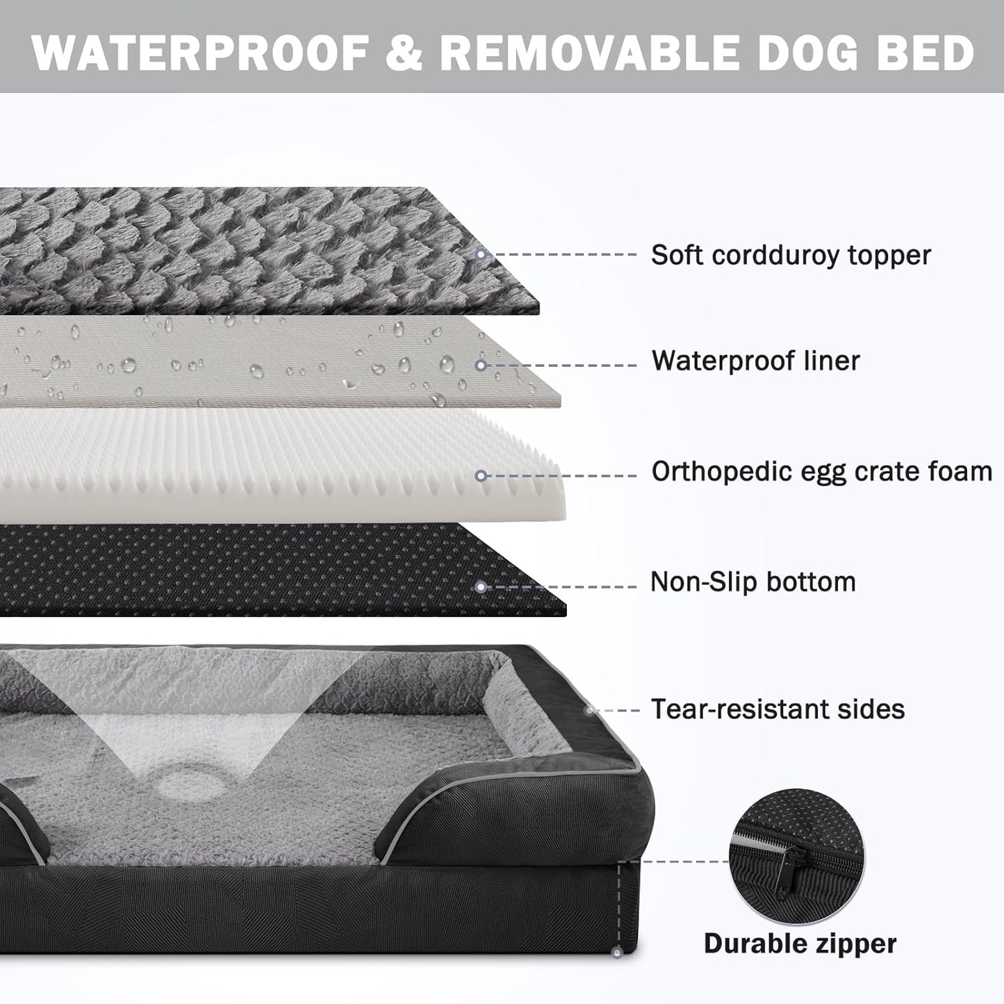INVENHO Orthopedic Dog Beds Large Sized, XL Egg-Crate Foam Dog Couch with Washable Removable Cover, Waterproof Lining and Nonskid Bottom
