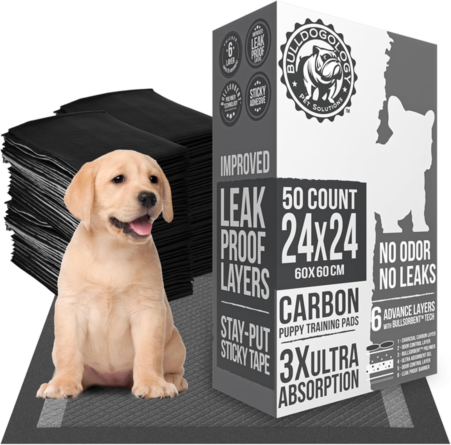 Bulldoglogy 50-Count Carbon Black Puppy Training Pads with Adhesive Tape 24x24 - Large Charcoal Housebreaking Dog Training Wee Pads, Odor Control Thick Pee Pads for Dogs Extra Quick Dry Polymer Tech