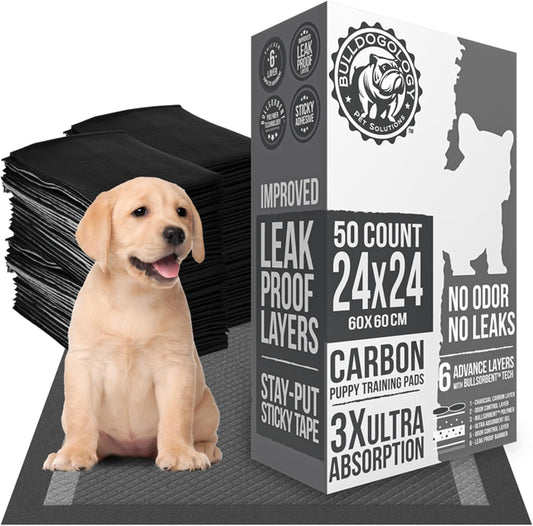 Bulldoglogy 50-Count Carbon Black Puppy Training Pads with Adhesive Tape 24x24 - Large Charcoal Housebreaking Dog Training Wee Pads, Odor Control Thick Pee Pads for Dogs Extra Quick Dry Polymer Tech