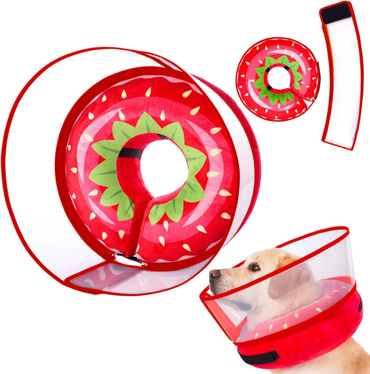 Inflatable Dog Cone Collar for Large Medium Small Dogs, Soft Dog Donut Collar Adjustable Recovery Cone for Pets After Surgery, Extra Enhanced Anti-Licking Guard Shield for Pets (ML, Strawberry)