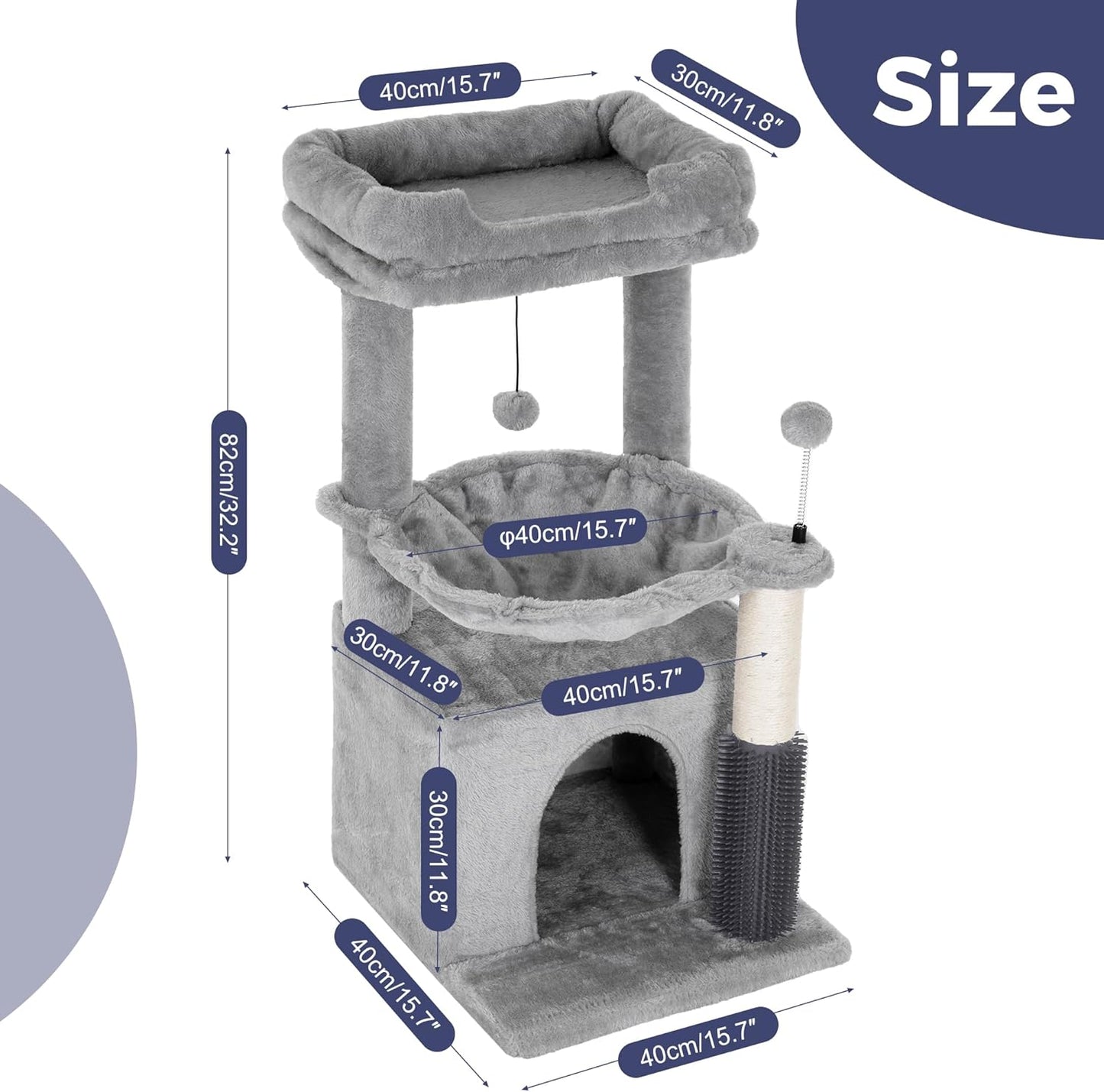 Cat Tree 32 Inches Small Cat Tower with Large Hammock Dia 15.7”,Self Groomer, Fully Scratching Post, Removable Top Bed and Wide Hideway Condo for Indoor Cats-Gray
