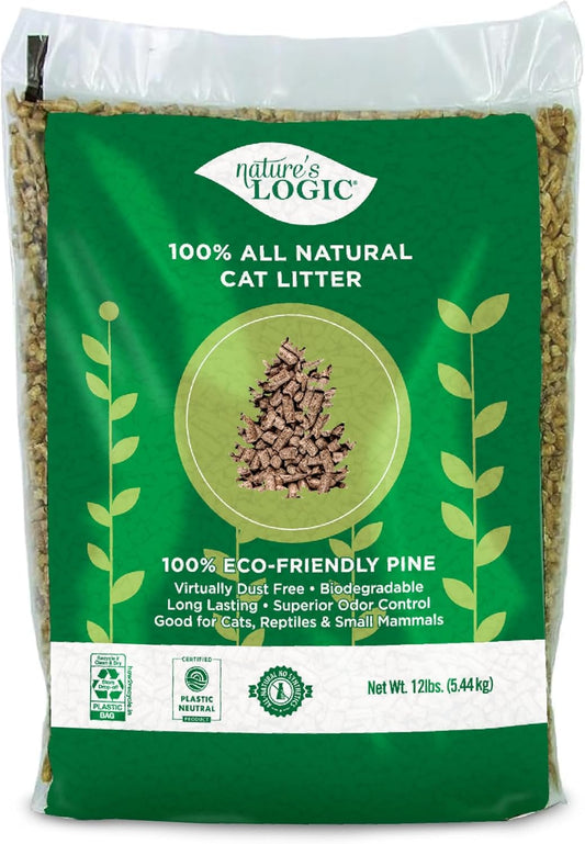 Nature's Logic 100% Natural Pine Pellet Cat Litter - 100% Ponderosa Pine, Dust-Free, Unscented, Biodegradable - Safe for Cats, Kittens, Reptiles & Small Pets - Highly Absorbent - 12 lb Bag