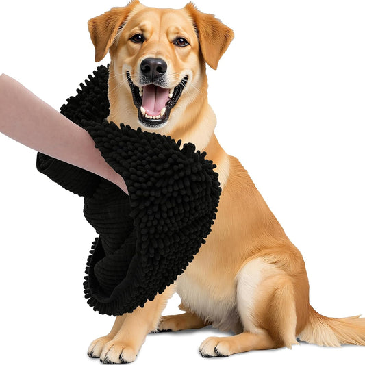 OLANLY Chenille Dog Bath Towel 31x13, Ultra Absorbent Quick Dry Pet Towel, Extra Soft Washable Plush Towel for Large Dogs & Puppies, Indoor Outdoor Use, Black