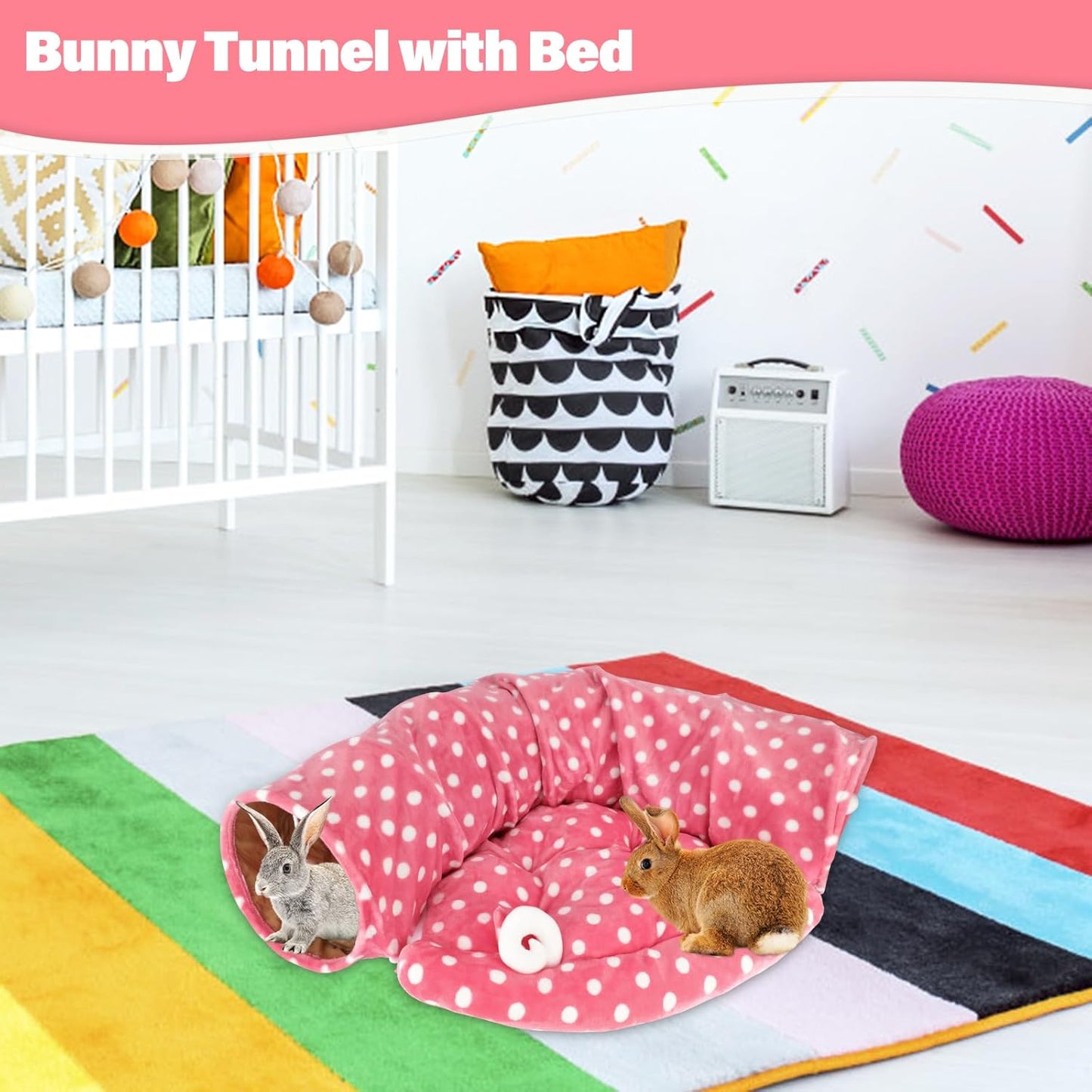 BWOGUE Bunny Tunnel Bed, 2-in-1 Collapsible Tunnel Tubes Toys with Removable Mat Hideout for Cats Kittens Rabbits Guinea Pigs Kitty