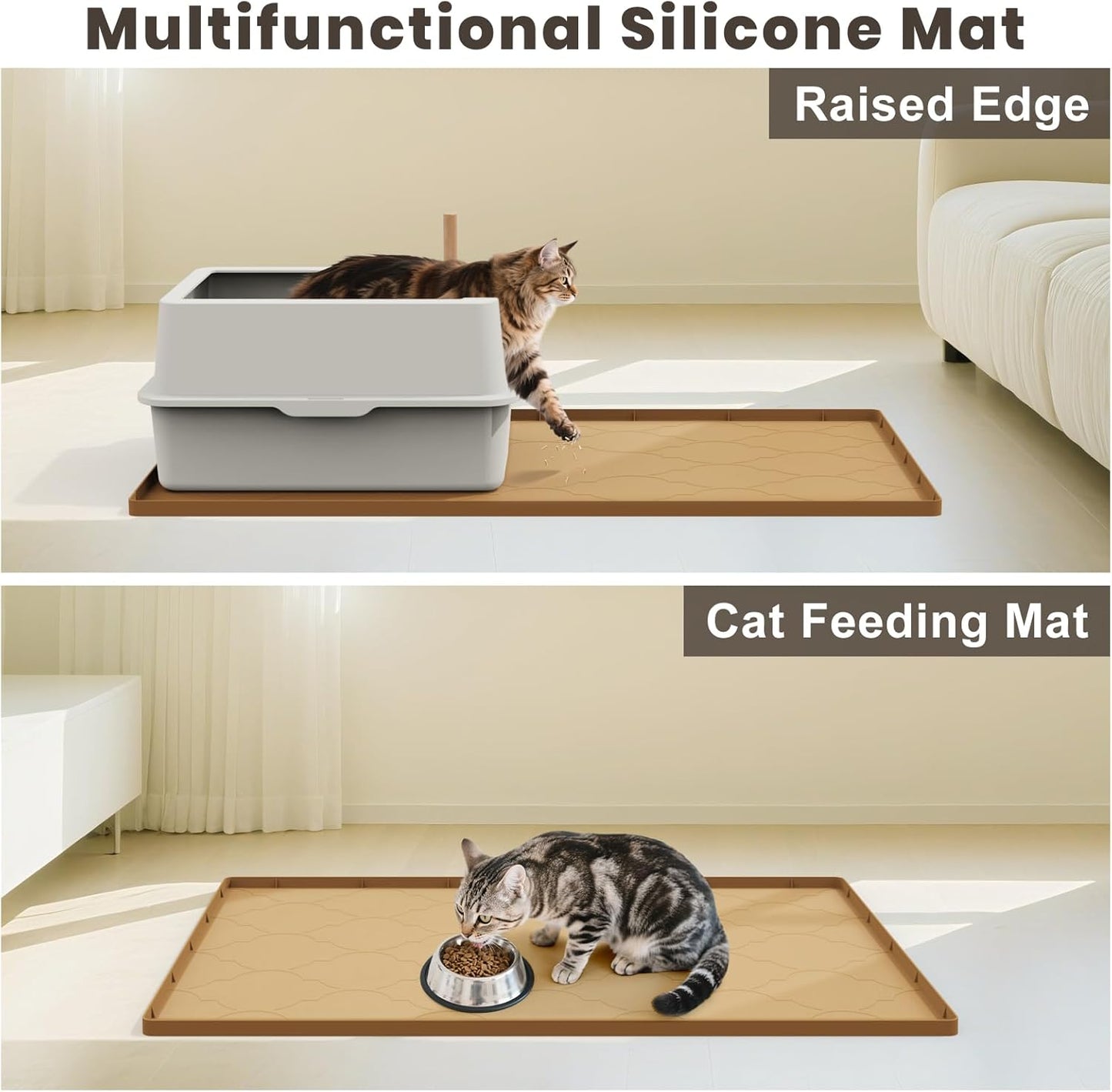 Cat Mat for Litter Box, 34" X 22" Large Silicone Cat Litter Trapping Mat, Easy Clean for Scatter Control, Soft on Kitty Paws, Waterproof, Urine-Proof, Non-Slip Kitty Litter Mat for Floor, Brown
