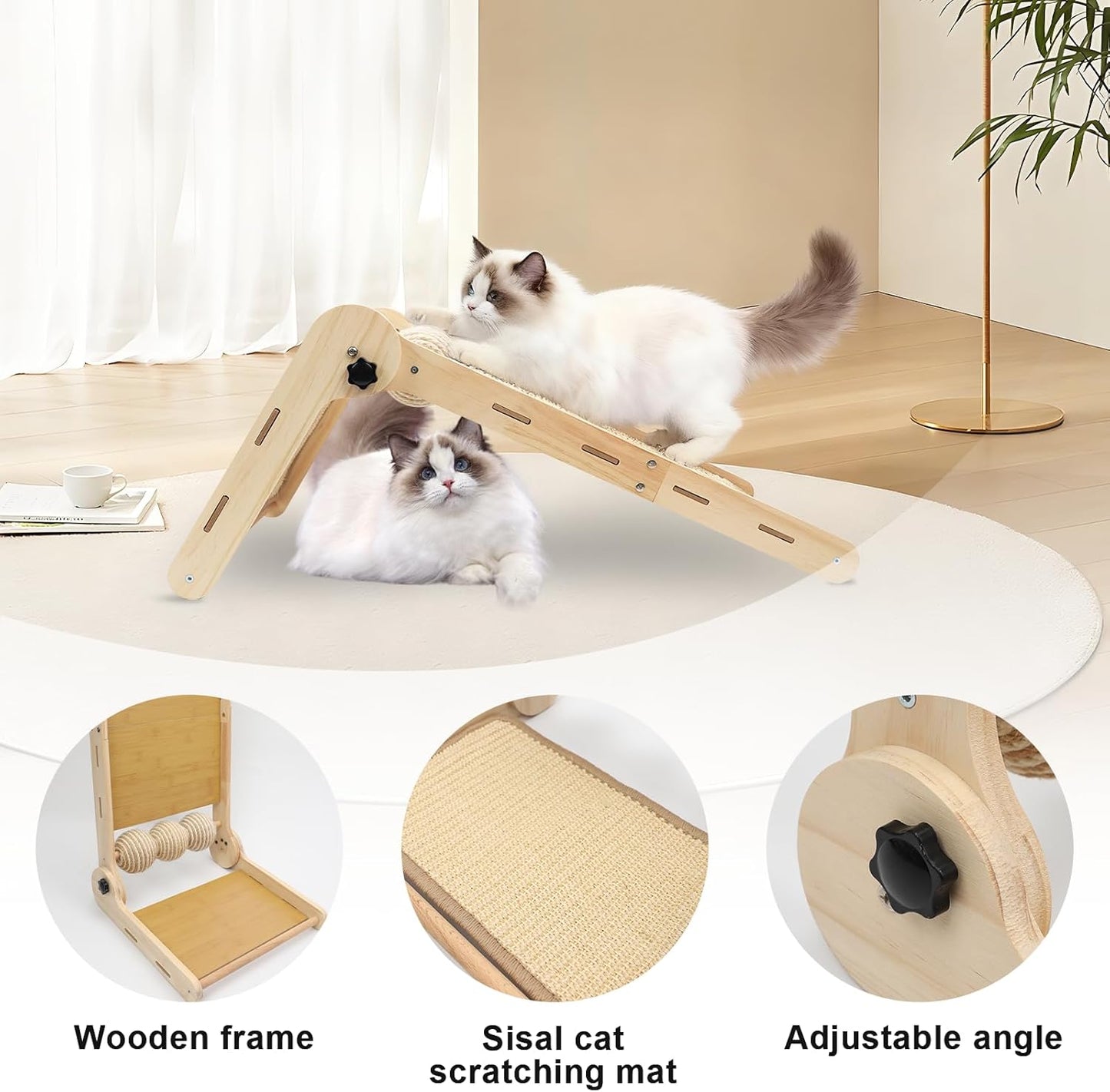 L Shaped Cat Scratching Post, 23.2" Tall Sisal & Wooden Base Cat Scratcher Board for Indoor Cats, Sturdy Vertical Cats Scratching Pad Protects Furniture