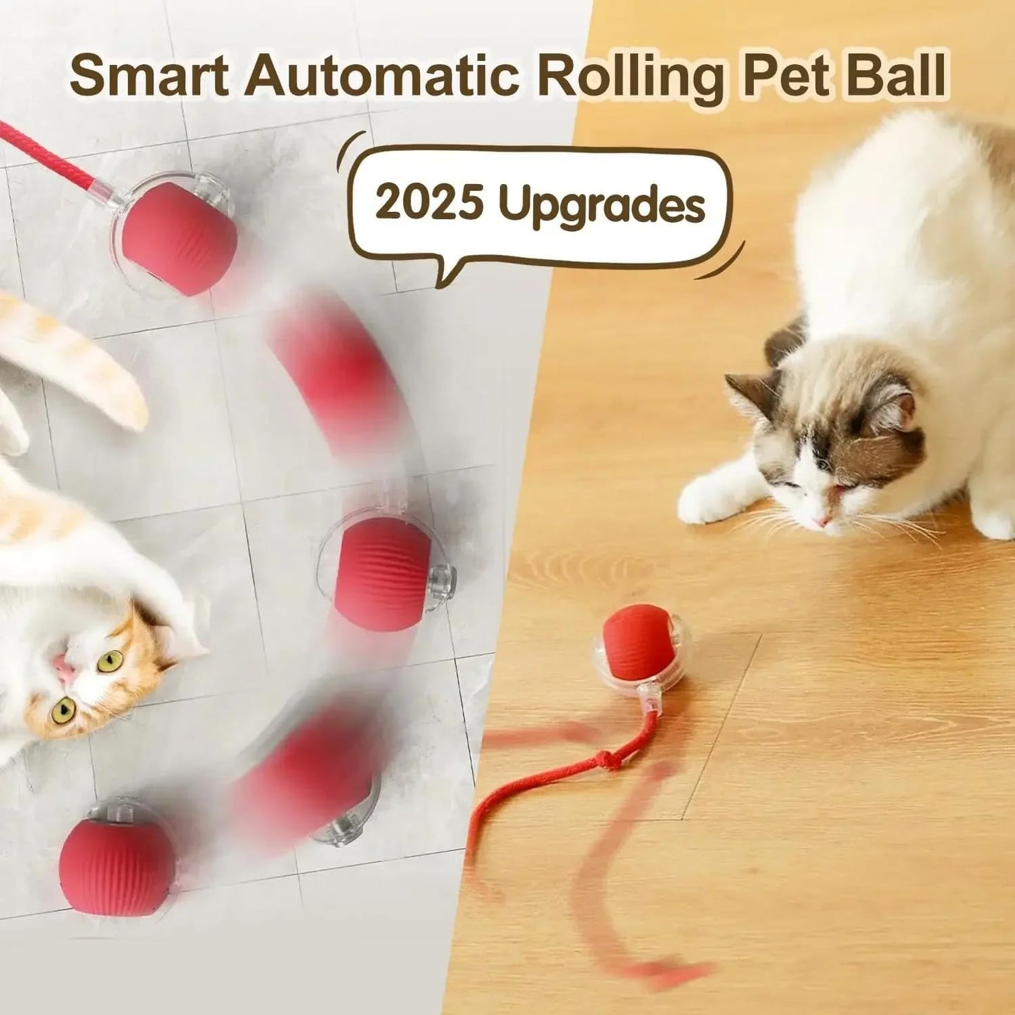 Interactive Rolling Cat Ball Toy [RED], LED Lights, for Indoor Adult Cats, Rechargeable, Smart Automatic Pet Ball, Speedy Tail/Rope, Fast on Carpet, Only for Active Cats