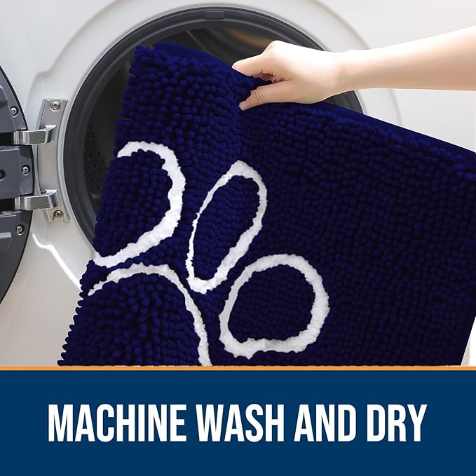 OLANLY Door Mat for Muddy Dog Paws 47x24, Ultra Absorbent Chenille Mud Doormat with Paw Print Design, Non-Slip Washable Doormat for Indoor Entryway, Quick-Dry Pet Bed Mats for Dirty Dogs, Navy Blue