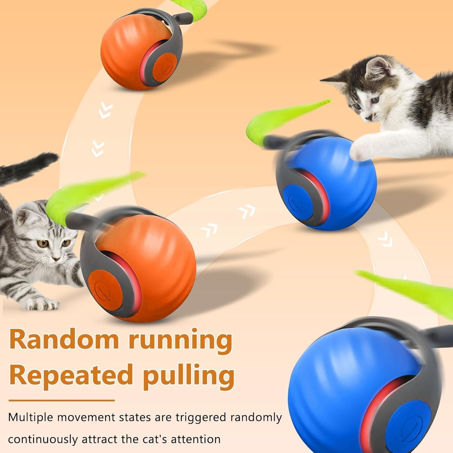 6PCS Interactive Cat Toy Automatic Moving Smart Toy Ball with Replacement Tail for Indoor Bored Cats/Dogs, Sensor Teasing Ball Self-Rolling Pet Chase, Speedy Cat Toys for Pets Exercise (Blue+Orange)