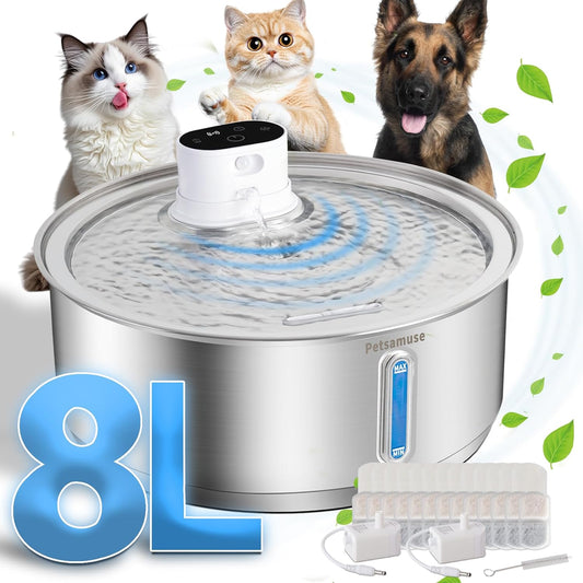 Stainless Steel Large Dog Water Fountain, 2.1Gal/8L Wireless Battery Operated Large Dog Water Bowl Dispenser Motion Sensor Water Fountain Bowl Inside with 13 Filters and 2 Ultra Quiet Pumps