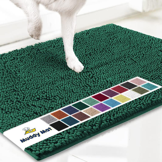 Muddy Mat® Shown on TV – Super Absorbent Microfiber Dog Door Mat for Muddy Paws, Non-Slip Washable Pet Rug, Quick Dry Chenille Entryway Carpet, Machine Washable Indoor Outdoor mat, Dark Green 30"x19"