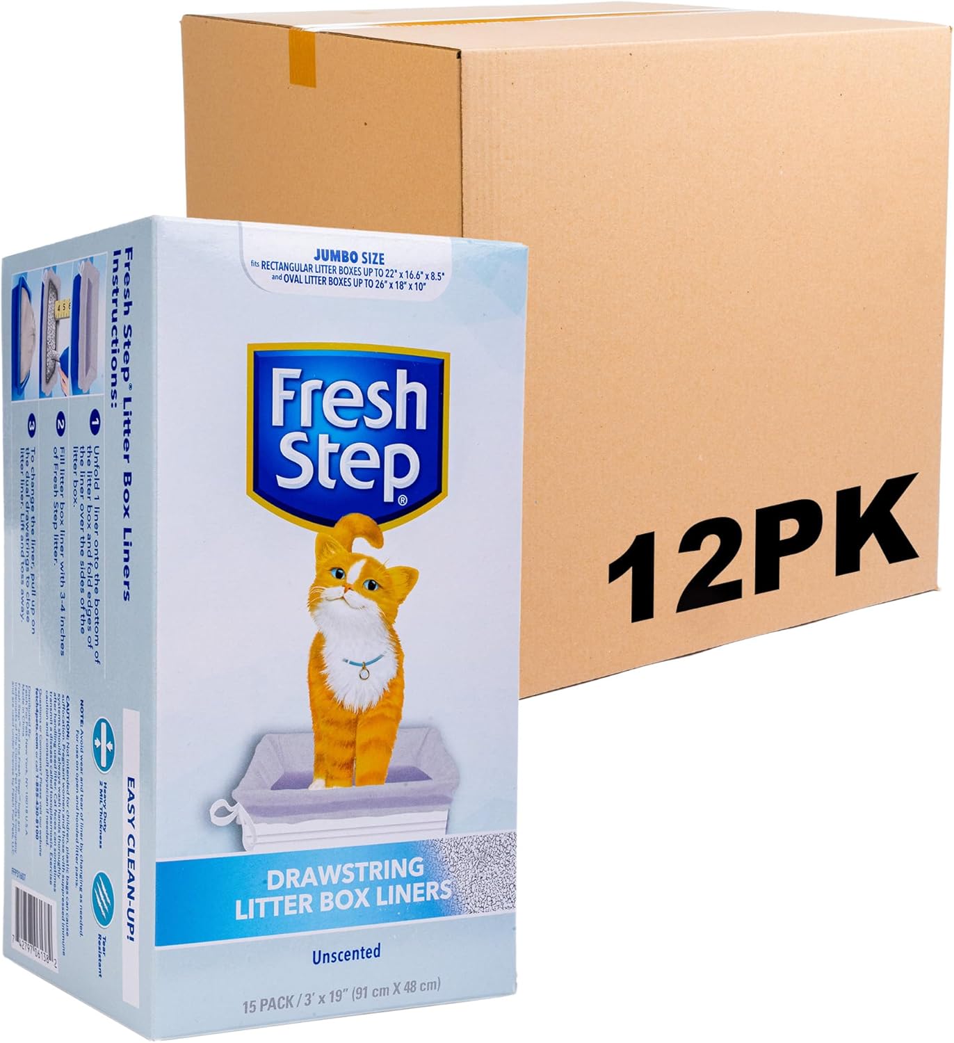 Fresh Step Drawstring Cat Litter Box Liners, Unscented - Kitty Litter Bags for Rectangle or Oval Large Litterboxes, Size Jumbo, 36" x 19" - 15 Count - 12 Pack