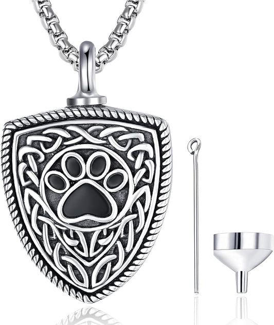 Pet Cremation Urn Necklace for Dog Cat Ashes 925 Sterling Silver Paw Print Keepsake Pendant Celtic Knot Memorial Jewelry for Women Men