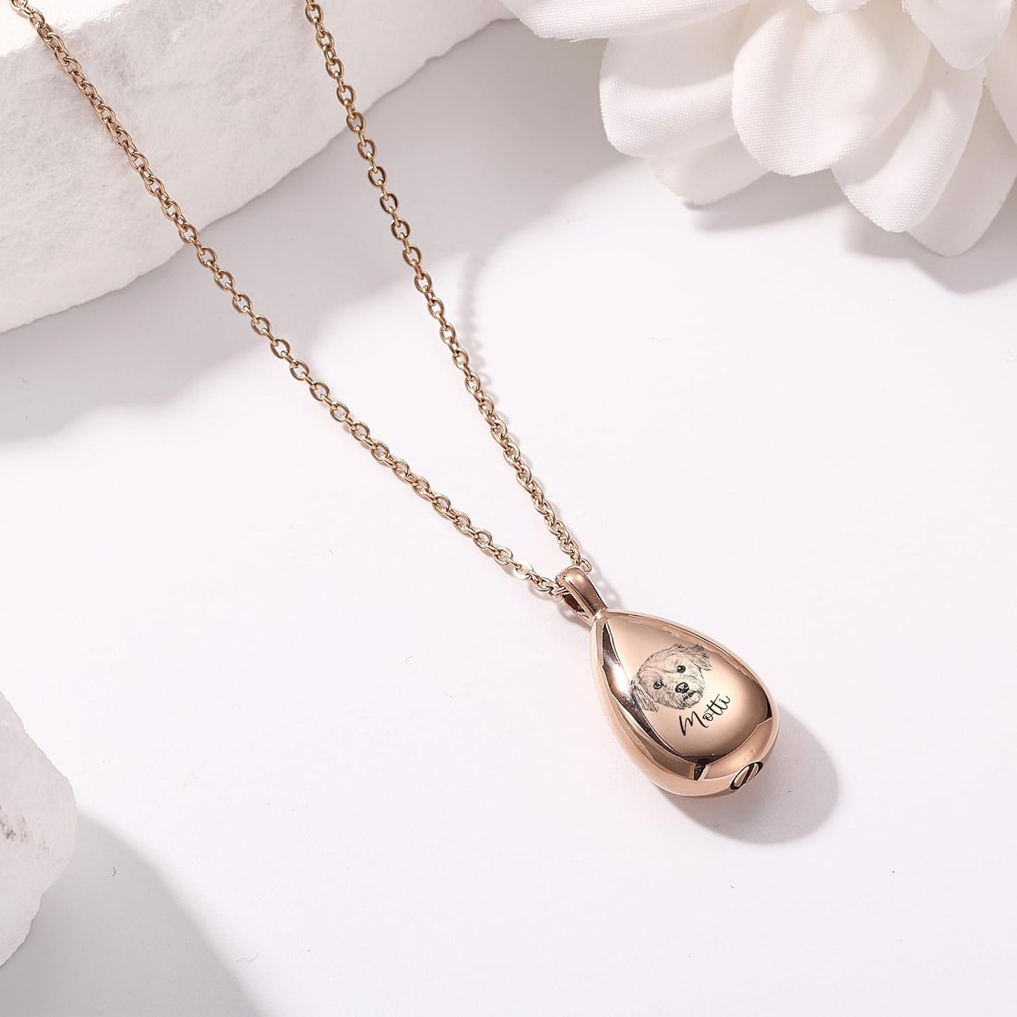 MMXX Personalized Pet Portrait Teardrop Urn Necklace with Name/Photo Stainless Steel Pendant - Cremation Jewelry for Pet Memorial Gifts - Funnel Kit Included
