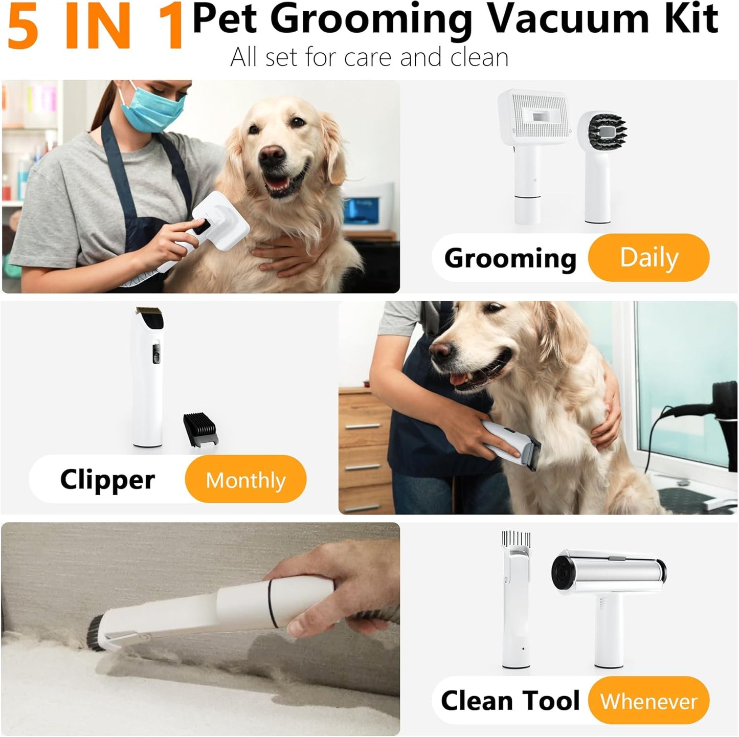 FOTING 5-in-1 Dog Grooming Vacuum, 12000Pa Dog Clippers & Shedding Brush Grooming Cleaning Tools Pet Grooming Vacuum, 2 Suction Levels