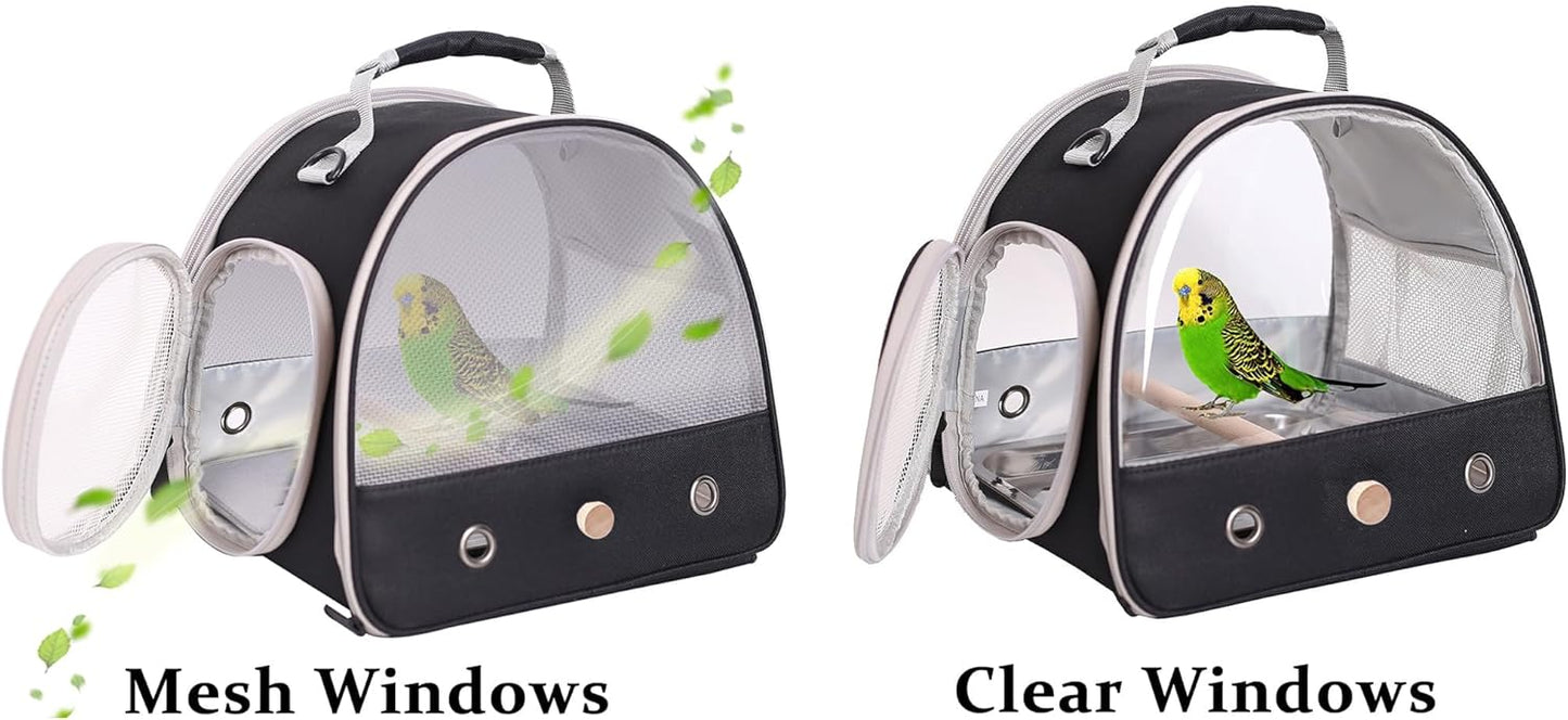 Bird Carrier, Portable Small Bird Parrot Parakeet Carrier with Standing Perch, Side Access Window Collapsible (Black, Mesh Windows)