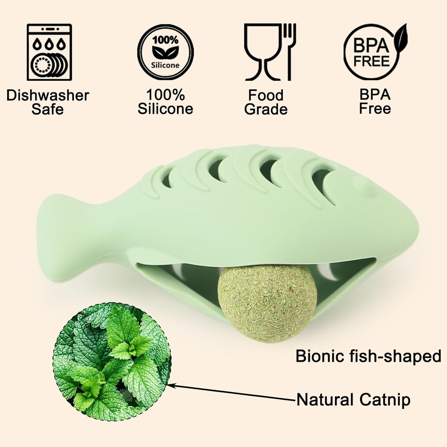 Cat Toys for Indoor Cats, Fish Shaped Chew Catnip Toys for Teeth Cleaning, Food Grade Silicone Cat Enrichment Toy, Interactive Kitten Teething Toys with 1 Cat Nip Ball, 2 Pcs