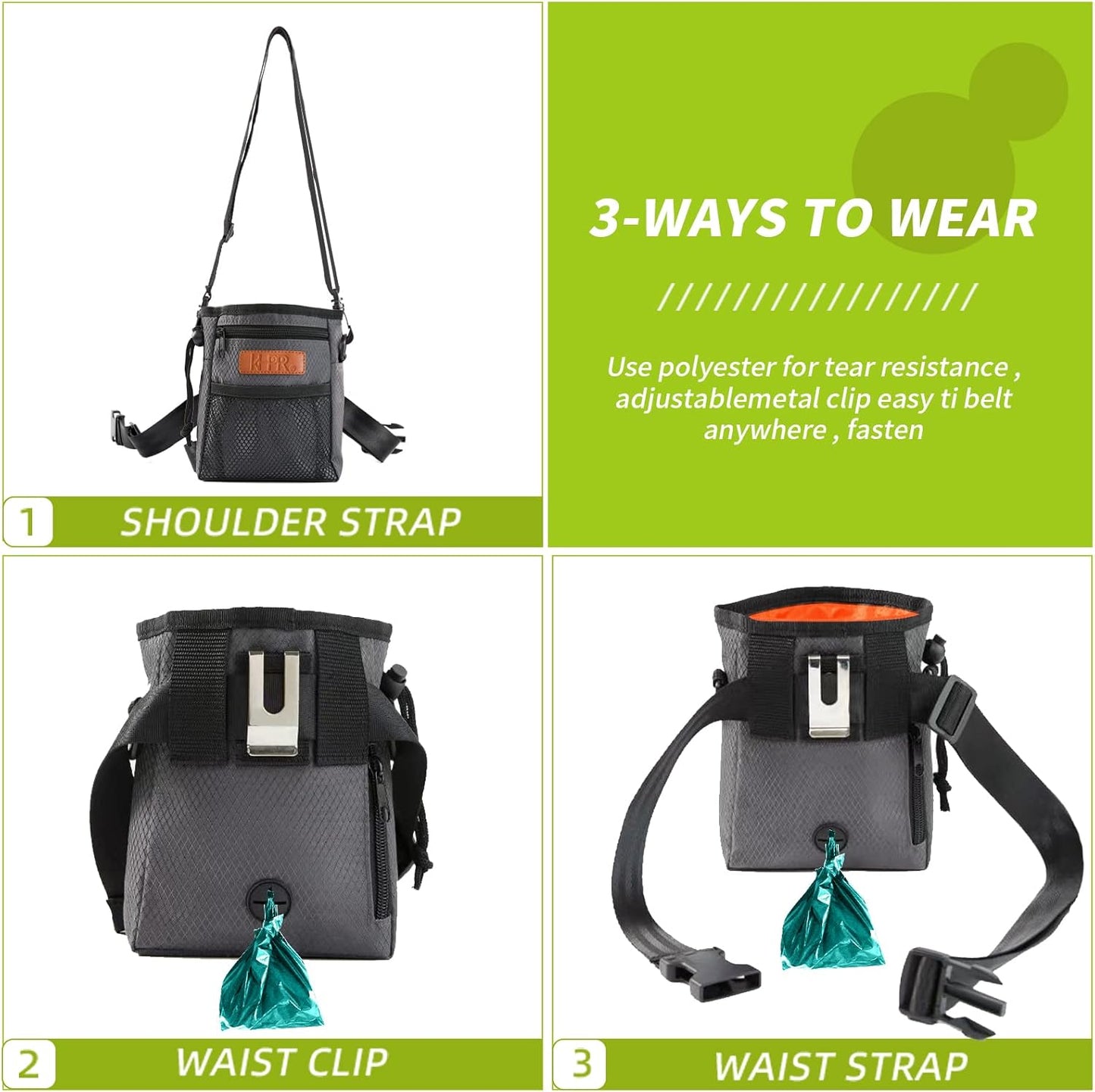 Dog Treat Training Pouch Easily Carries Pet Toys Kibble,Treats Built-in Poop Bag Dispenser 3 Ways to Wear Comes with a Foldable Silicone Bowl(Dark Grey)