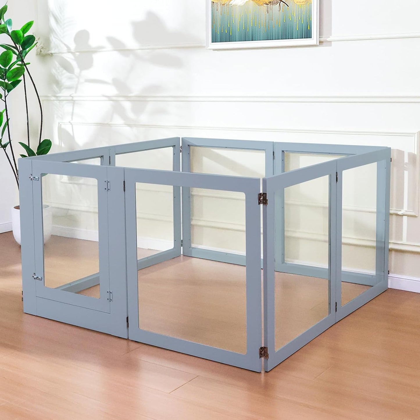 Heavy Duty Clear Acrylic Dog Playpen, Transparent Pet Pen, Metal Frame Easy Assemble Kennel Enclosure, Ideal for Small to Medium Dogs, Cats, and Other Small Pets (Grey, 8 Panels with Door)