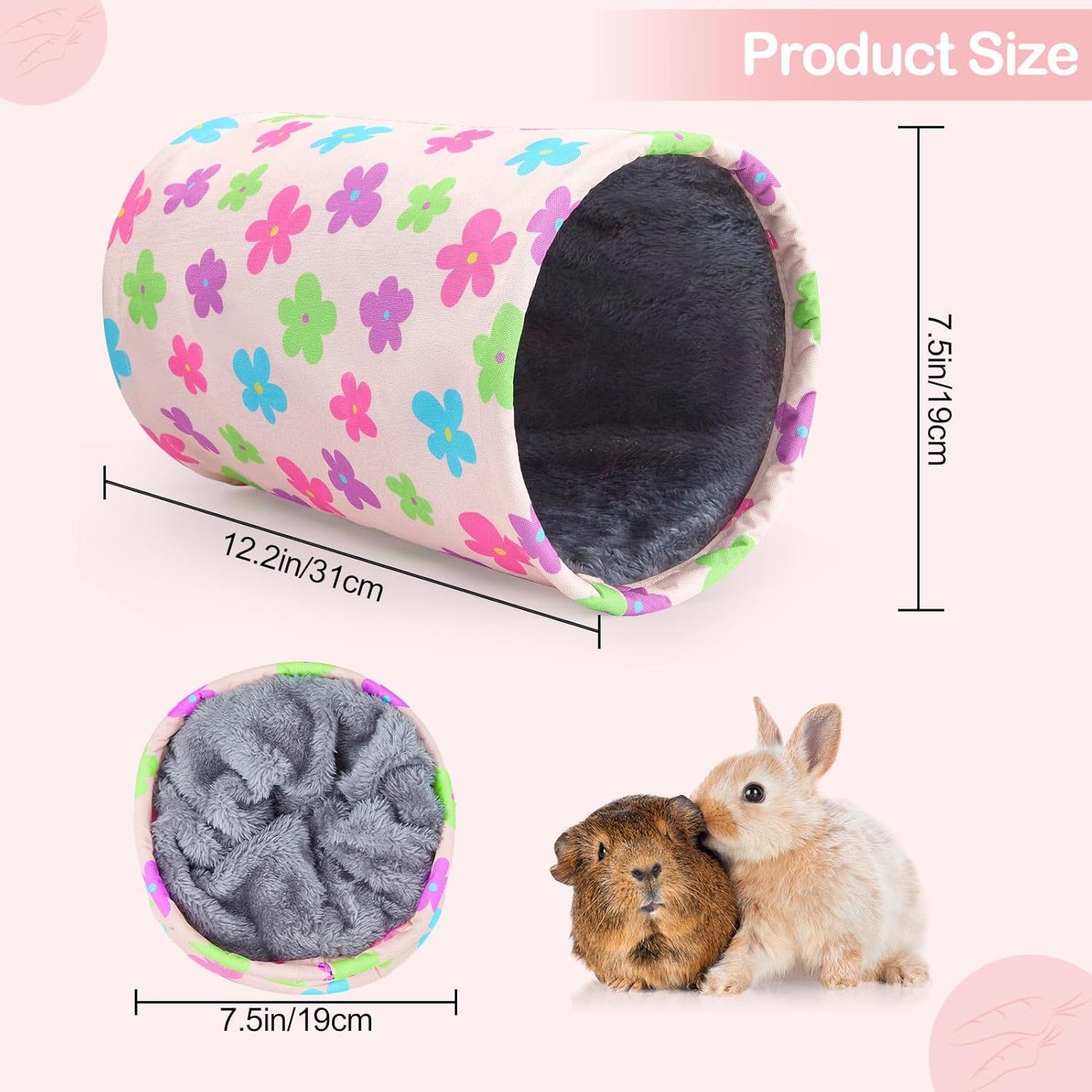 Glittme Guinea Pig Tunnel Washable Guinea Pigs Hideout Portable Rabbit Tunnels Soft Ferret Tunnel for Playing Resting Guinea Pig Accessories for Hedgehogs, Hamster, Apricot Flowers