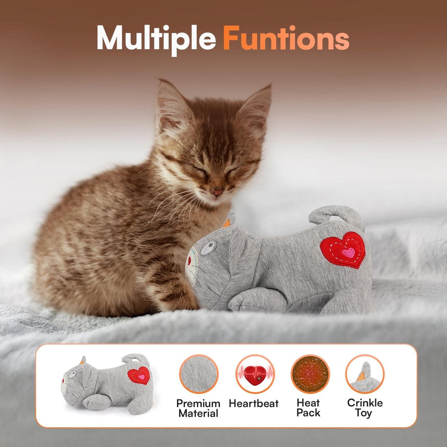 AFP Heartbeat Cat Calming Toy Heartbeat Soothing Kitty Toys Stuffed Plush Warm Toys for Cats Comfort Kitty Stress Relief and Sleep Aid Toy