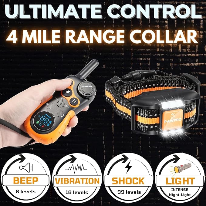 Dog Shock Collar with Remote, Unmatched 4-Mile Range, Night-Light Mode, Training Guide Included, 124 Training Levels & 4 Modes, Beep Vibration Shock, Waterproof Rechargeable, Fits All Dogs (2 Collars)