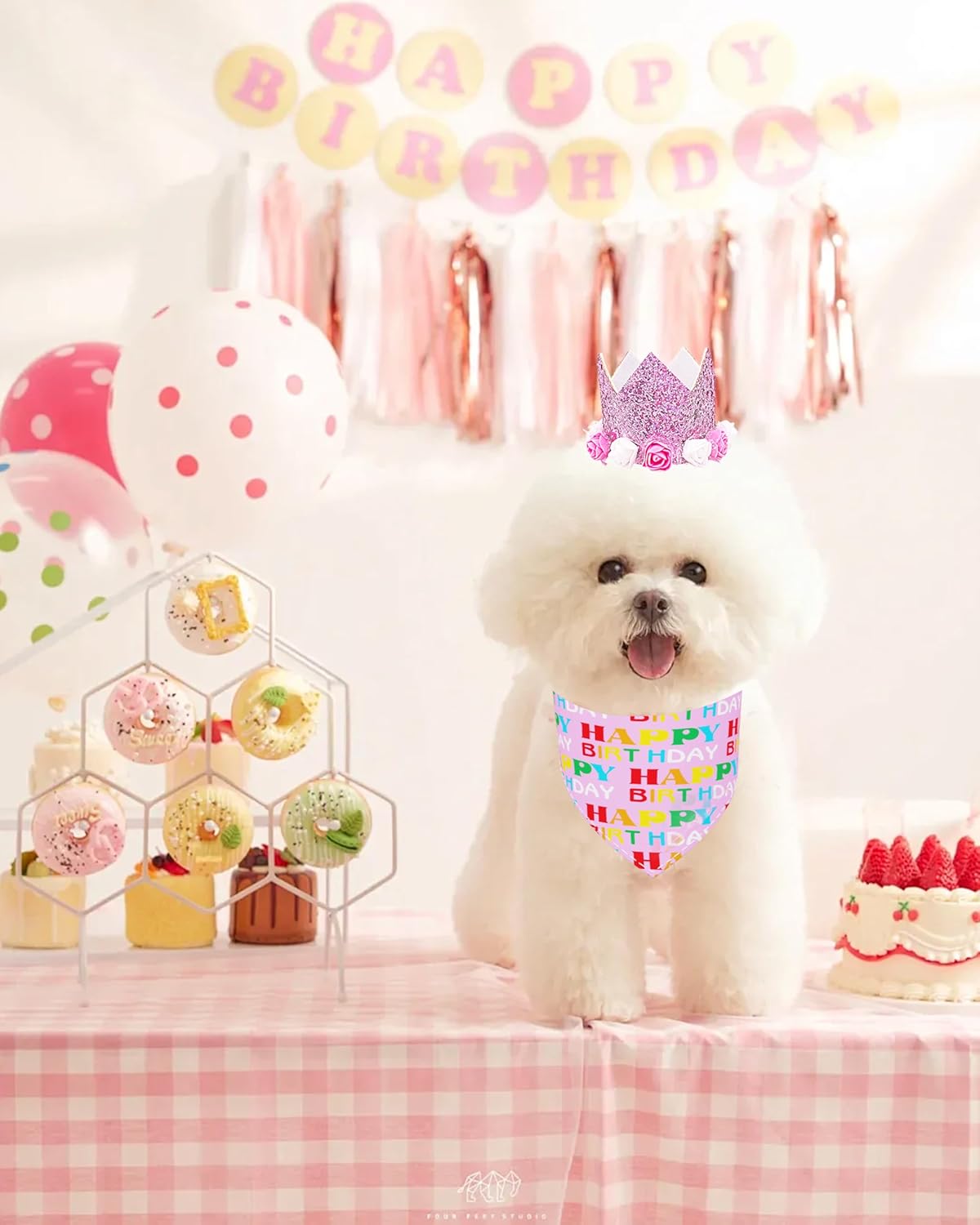 PET SHOW Pink Floral Hat, Bandana & Collar Bows Charms Set - Dog, Cat, Rabbit, Pig Birthday Gift - Reusable Adjustable Hat with 0-9 Figures, Pink for Girls - Apparel