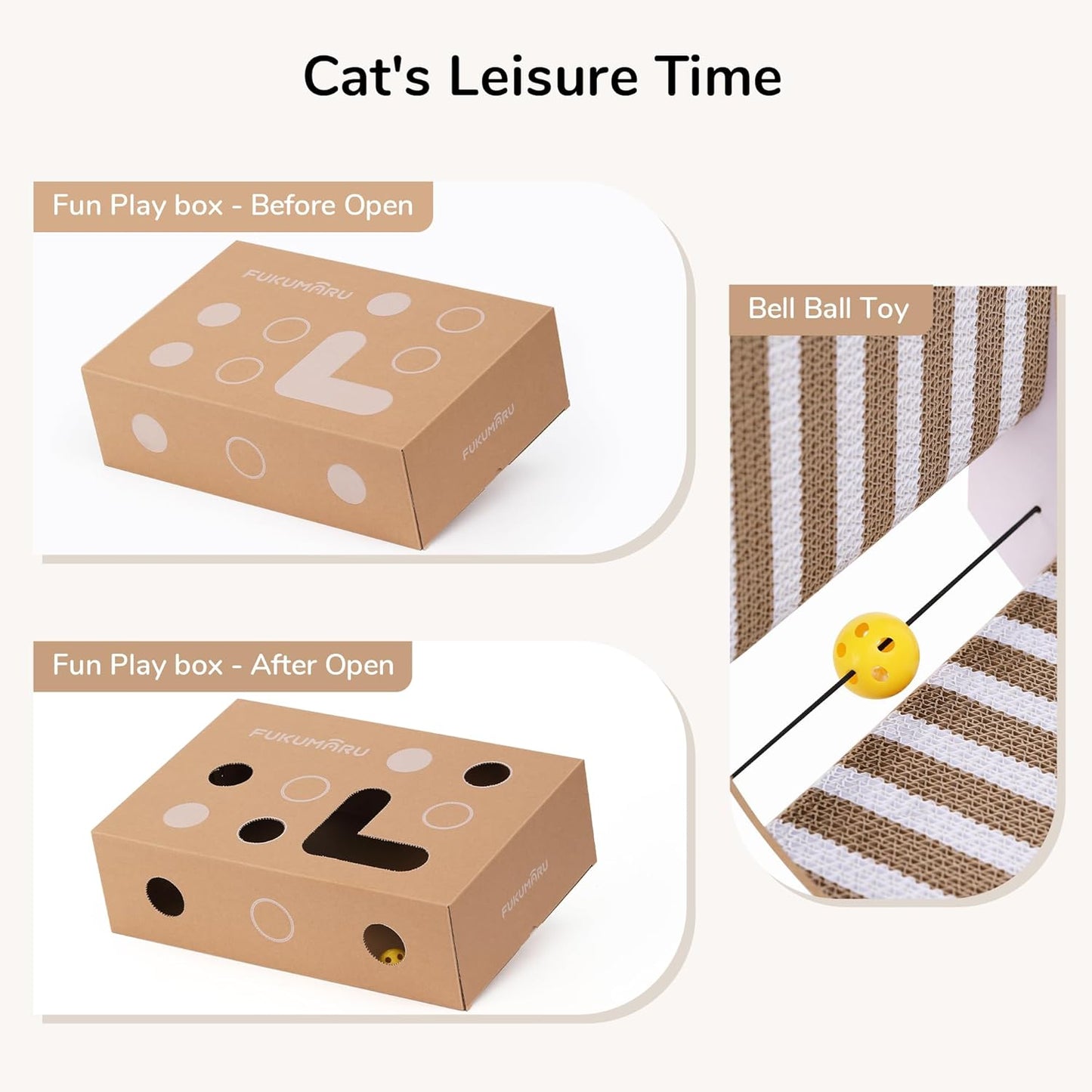 FUKUMARU Cat Scratcher, 18.9 Inch L Shape Cat Scratch Pad, Strip Pattern Cats Scratching Post Wall Mounted, Cardboard Cats Scratcher with Ball Toy for Indoor Kitty, Fun Playing Box Included, M