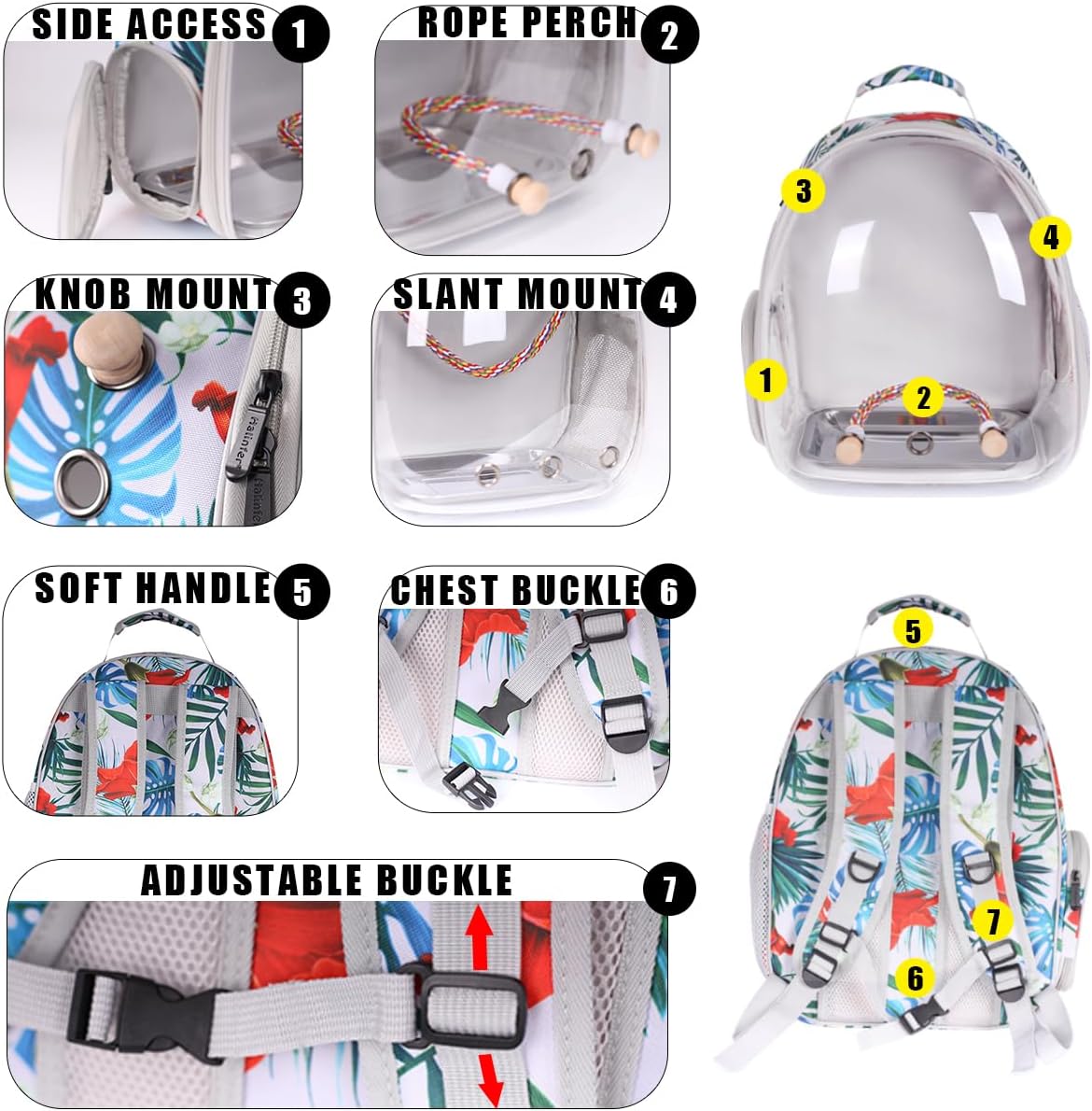 Bird Traval Carrier Cage, Clear Space Capsule Astronaut Backpack to Carry Parakeet Cockatiel Parrot with Metal Tray Wood Perch, Vet Transport Book Bag Floral Printed