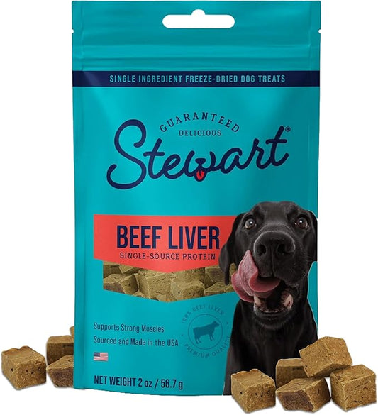 Stewart Single Ingredient Freeze Dried Raw Dog Treats, Beef Liver, 2 Ounce, Approx. 45 Pieces per Resealable Pouch, Training Treats or Meal Topper, High Protein, Grain Free, Gluten Free