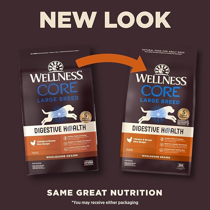 Wellness CORE Digestive Health Dry Dog Food, Large Breed, Wholesome Grains, Natural, Recipe for Dogs with Sensitive Stomachs, Chicken, (24-Pound Bag)