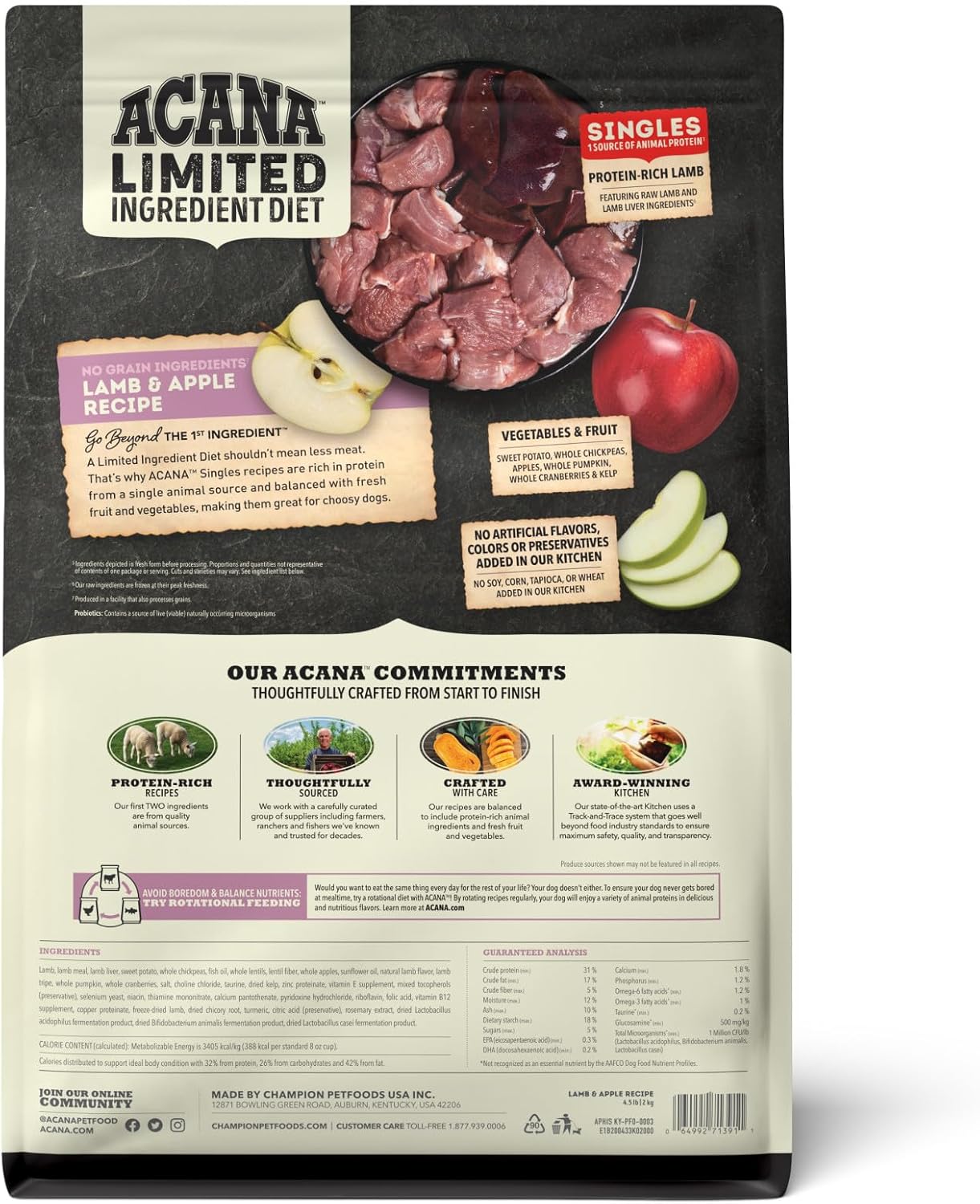 ACANA Singles Limited Ingredient Grain Free High Protein Dry Dog Food Lamb & Apple Recipe 4.5lb Bag