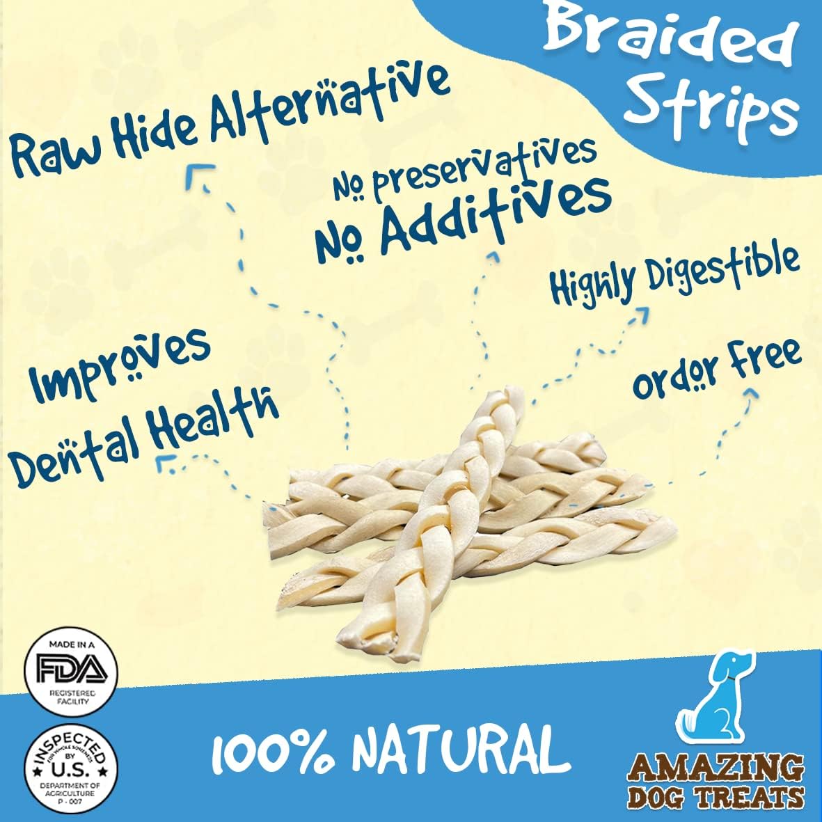 Amazing Dog Treats - Beef Cheek Braids Dog Chew (6 Inch - 15 Pack) - NO Odor - Rawhide Alternative - Beef Cheek Slice Chip Sticks - No Dyes, Chemicals, or Preservatives