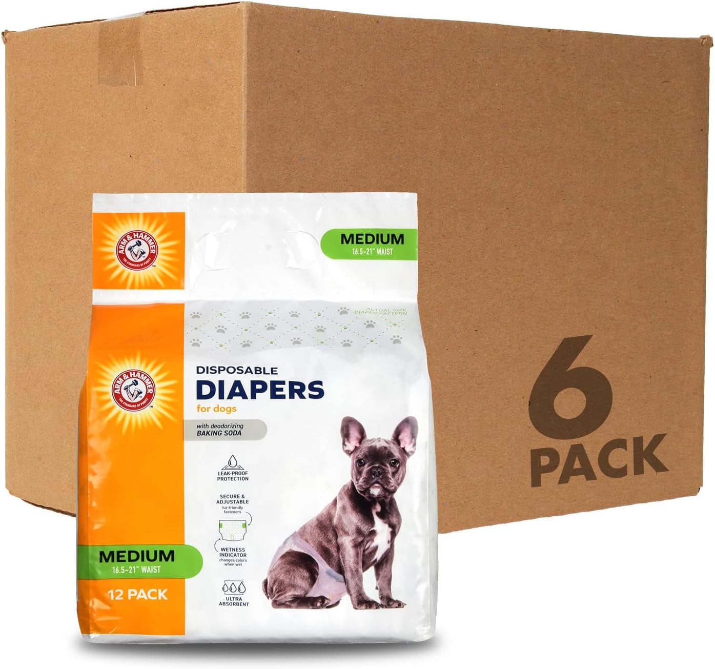 Arm & Hammer for Pets Female Dog Diapers, Size Medium, 12 Count | Ultra-Absorbent, Adjustable Girl Dog Diapers with Leak-Proof Protection and Wetness Indicator (Pack of 6, 72 Count Total)