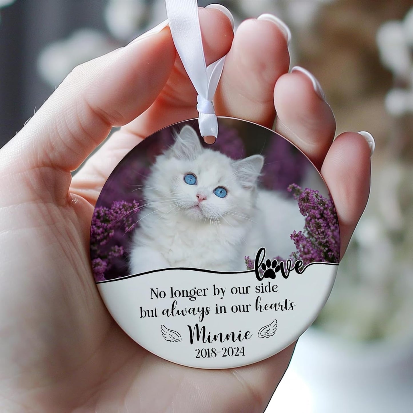 Personalized Love Ceramic Ornament, Valentine's Day Gifts for Loss of Pet, Memorial Cat Photo Christmas, Custom Name & Picture Cat Christmas Ornament