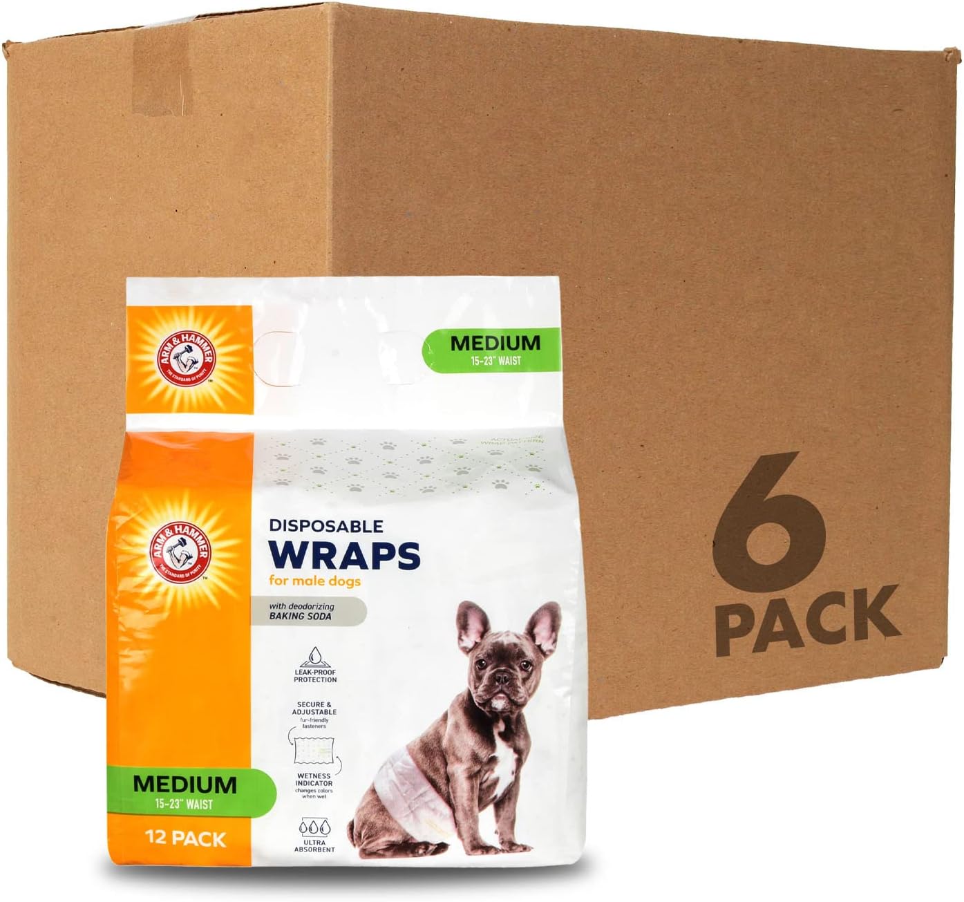 Arm & Hammer for Pets Male Dog Wraps, Medium Ultra-Absorbent, Adjustable Male Dog Diapers with Leak-Proof Protection & Wetness Indicator (Pack of 6, 72 Count Total)