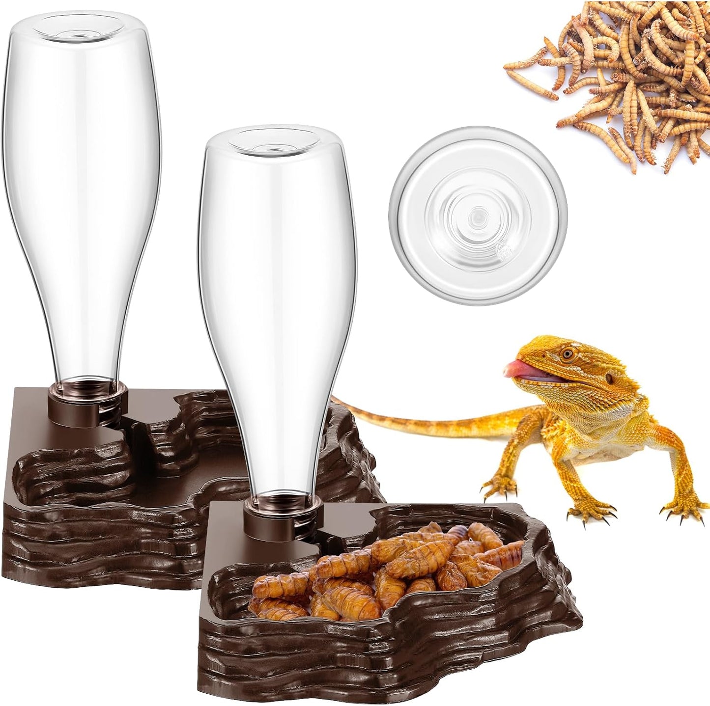 Mumufy 2 Pack Reptile Water Feeder Automatic Water Dispenser Waterer 13.5Oz Feeding Accessories Tank Lizards Waterer for Bearded Dragon Terrarium Turtle Tank Feeding Geckos Frog (Brown)