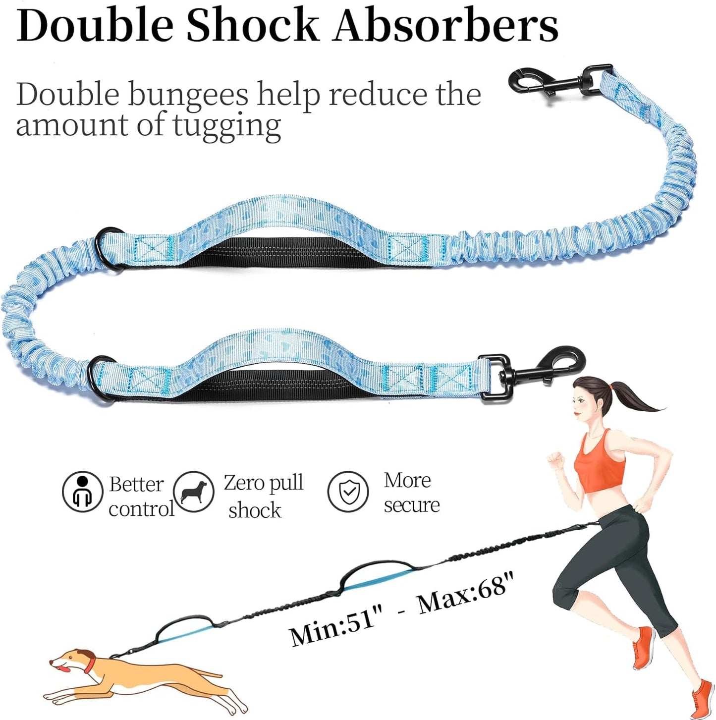 iYoShop Hands Free Dog Leash with Zipper Pouch, Dual Padded Handles and Durable Bungee for Walking, Jogging and Running Your Dog (Blue Heart, Large)