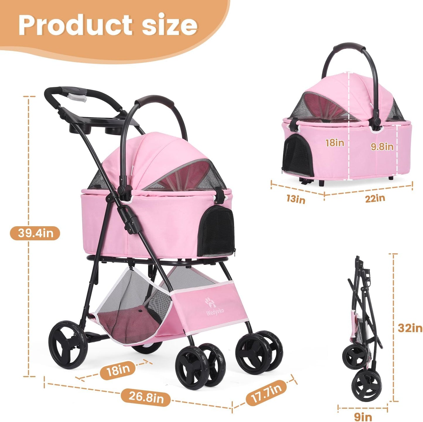 Pet Stroller, 4 Wheels Pet Strolling Cart for Medium/Small Dogs and Cats, Foldable Cat Jogger/Dog Stroller with Cup Holder, Storage Basket, Breathable Mesh, All-Season Pet Carrier (Pink)