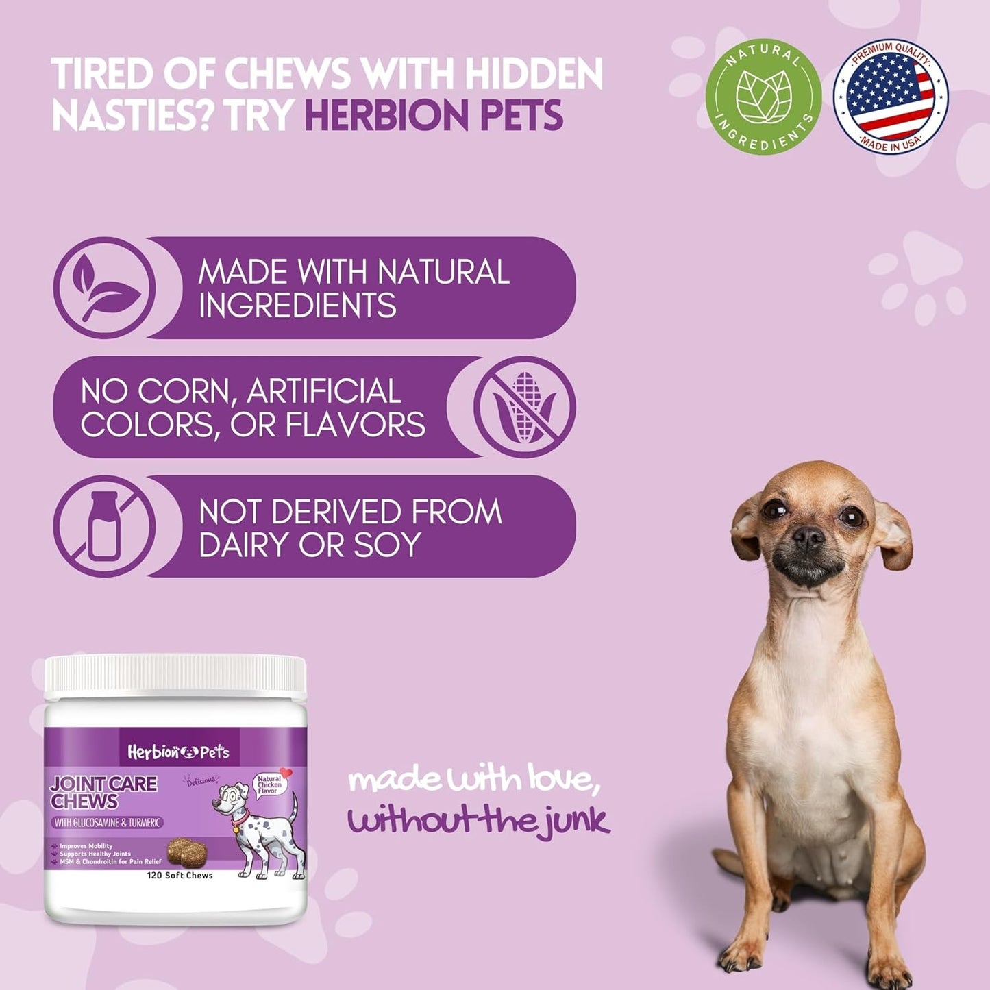 HERBION Pets Joint Care Chews with Glucosamine & Turmeric, 120 Soft Chews, MSM & Chondroitin for Pain Relief, Improves Mobility, Supports Healthy Joints, Made in USA, for Dogs 12 Weeks+, Pack of 1