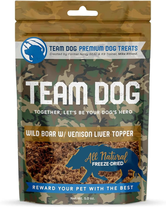 Team Dog Freeze Dried Raw Dog Food Topper | Wild Boar & Venison Liver Dog Food Seasoning | Wet & Dry Dog Food Toppers for Picky Eaters | 5 Oz