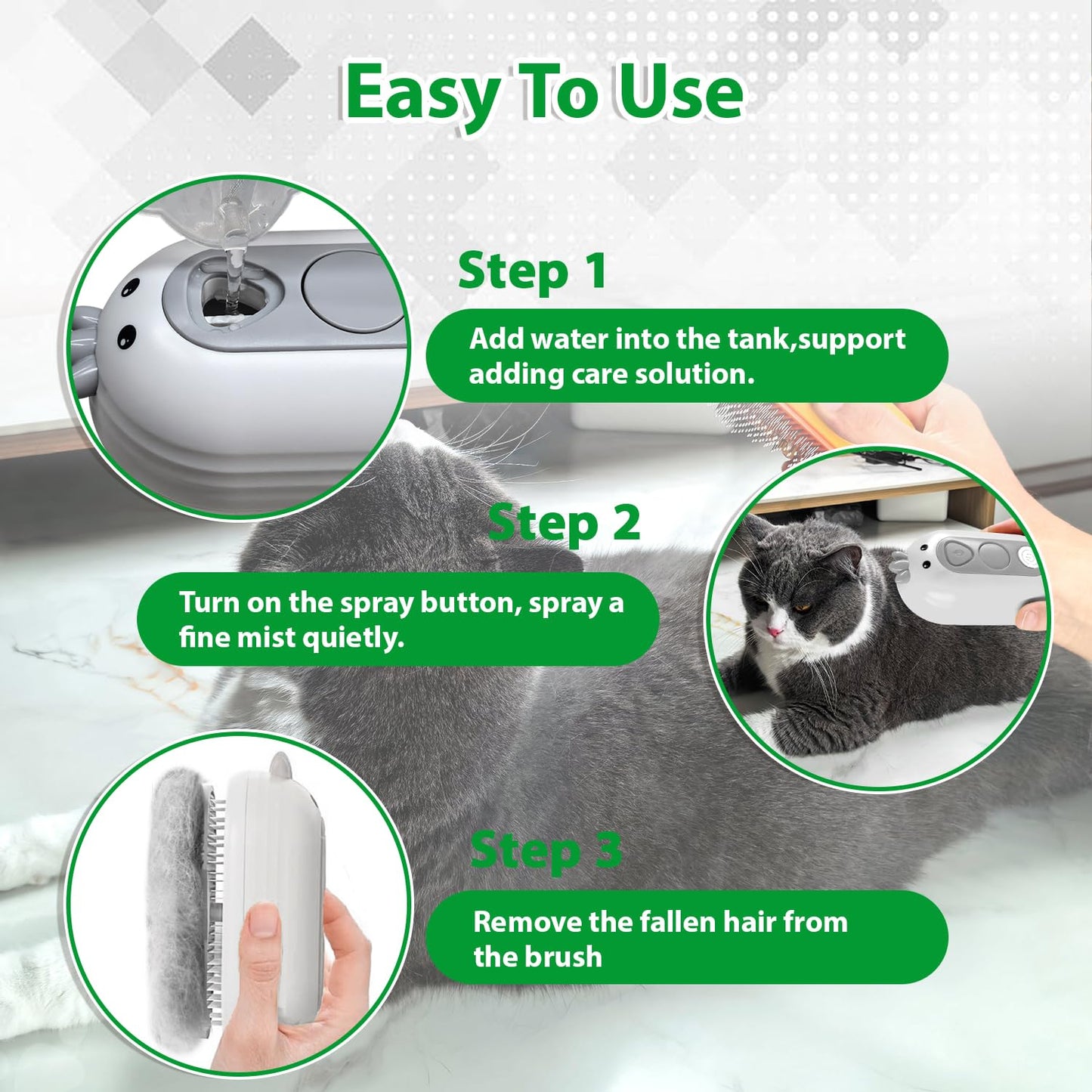 Cat Steam Brush with Release Button, 3 in 1 Rechargeable Pet Spray Water Comb for Long & Short Hair Removal, Self Cleaning Slicker Vapor Brush for Indoor Cats Dogs Rabbits Shedding Grooming