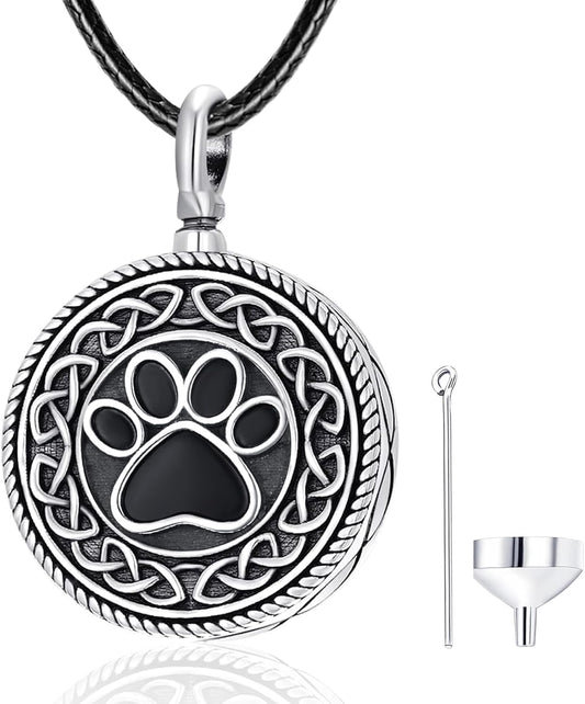 Dreamboat Pet Urn Necklace for Dog Cat Ashes 925 Sterling Silver Paw Print Cremation Keepsake Pendant Celtic Knot Memorial Jewelry Gifts for Women Men