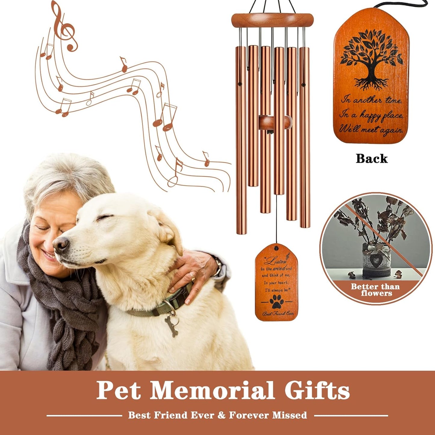 Pet Memorial Wind Chime, 28" Golden Tombstone Dog Sympathy Windchime, Pet Memorial Gifts for Loss of Dog, Pet Loss Gifts, Dog Remembrance Passing Away Gift