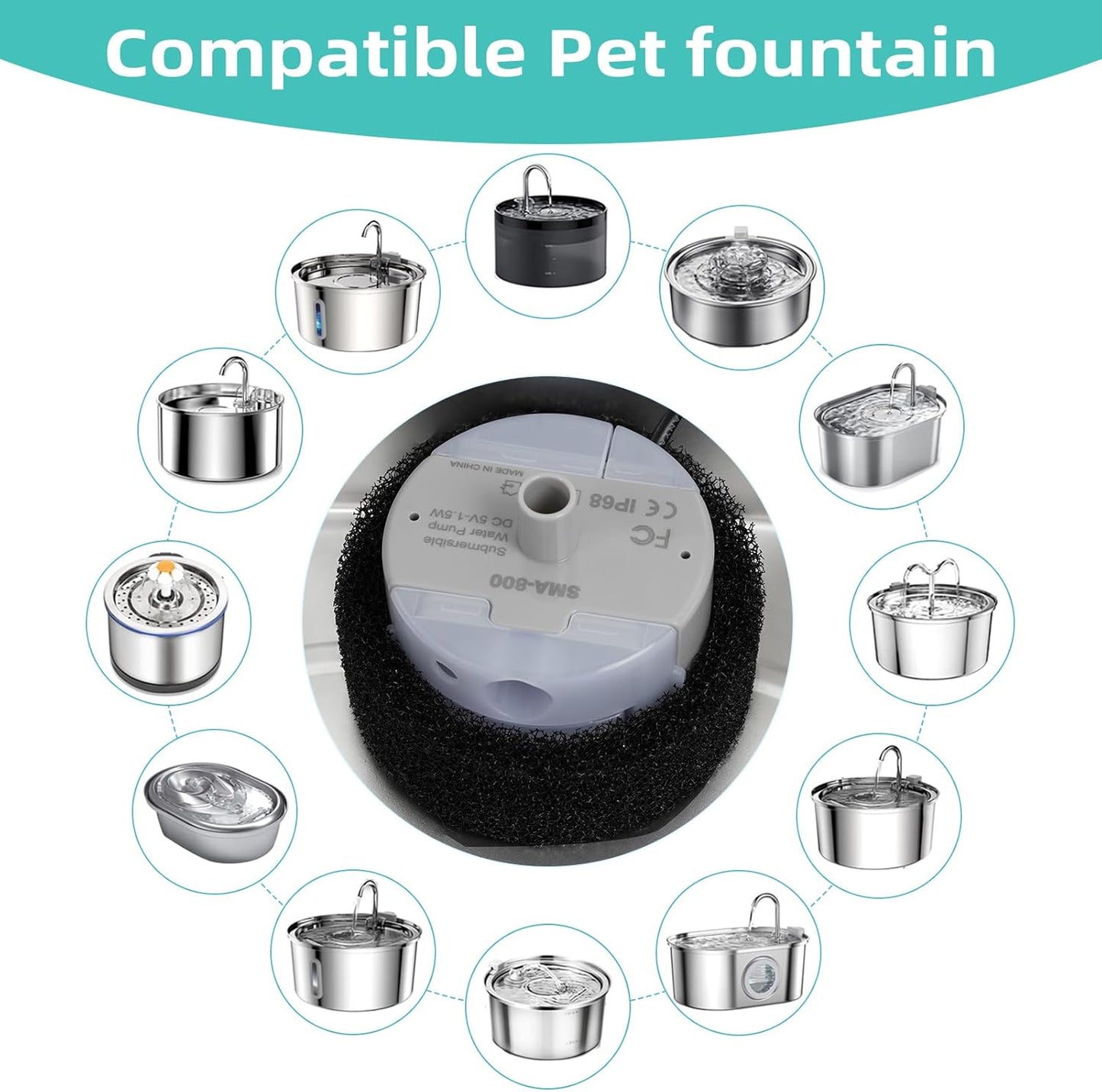 Ultra-Quiet Replacement Pump for Stainless Steel Cat Water Fountains - SMA-800 Motor - Safe and Easy to Clean with Low Voltage DC 5V and USB Cable (Bottom Suction Pump)