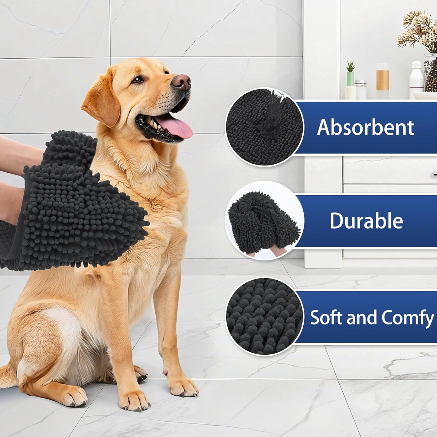 OLANLY Chenille Dog Bath Towel 31x13, Ultra Absorbent Quick Dry Pet Towel, Extra Soft Washable Plush Towel for Large Dogs & Puppies, Indoor Outdoor Use, Dark Grey