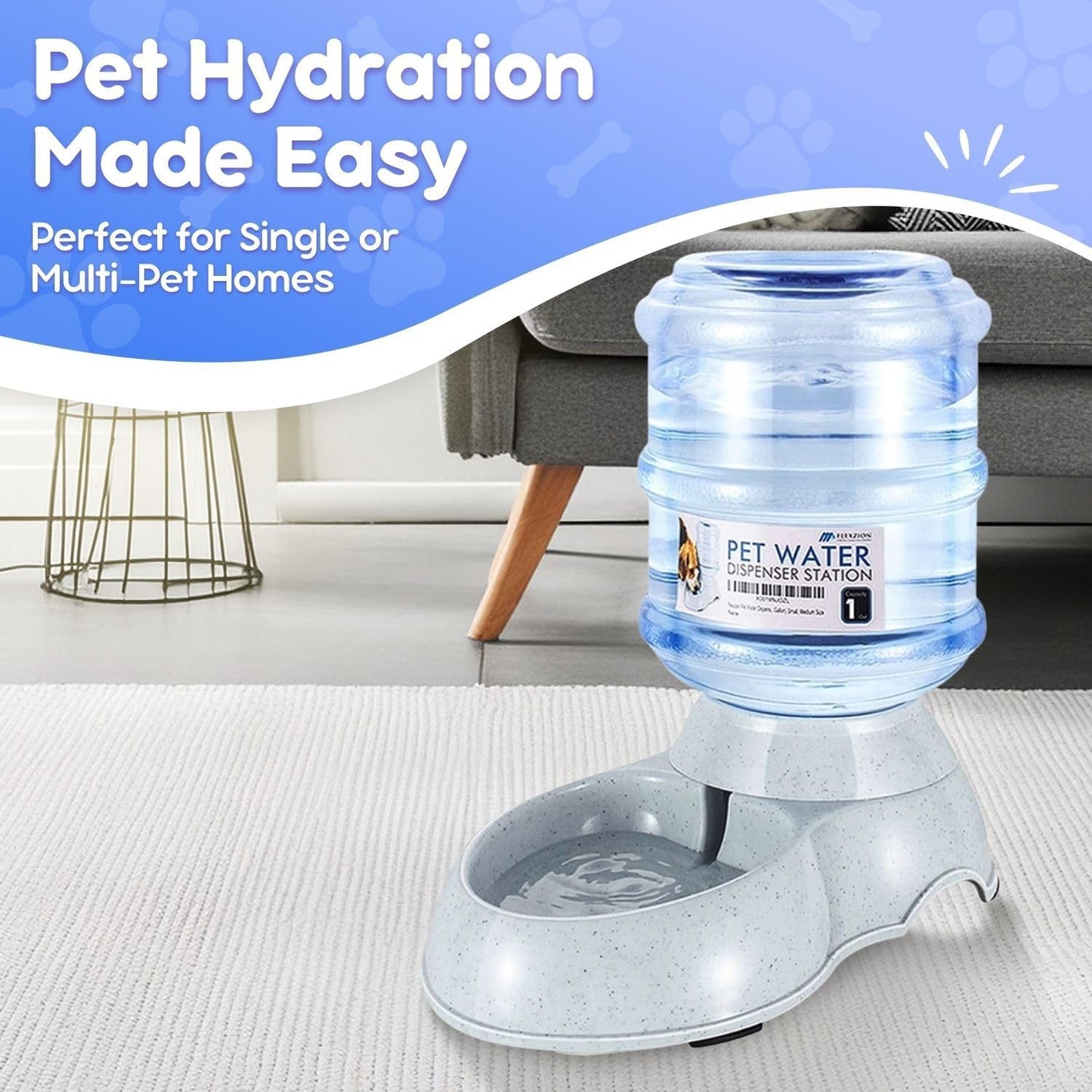 Flexzion Automatic Dog Water Bowl Dispenser for Cat Pet Animal (1 Gallon Dispener Water Jug) - Gravity Feeder Auto Replenish Waterer Drinking Bowl Fountain Bottle Dish Stand