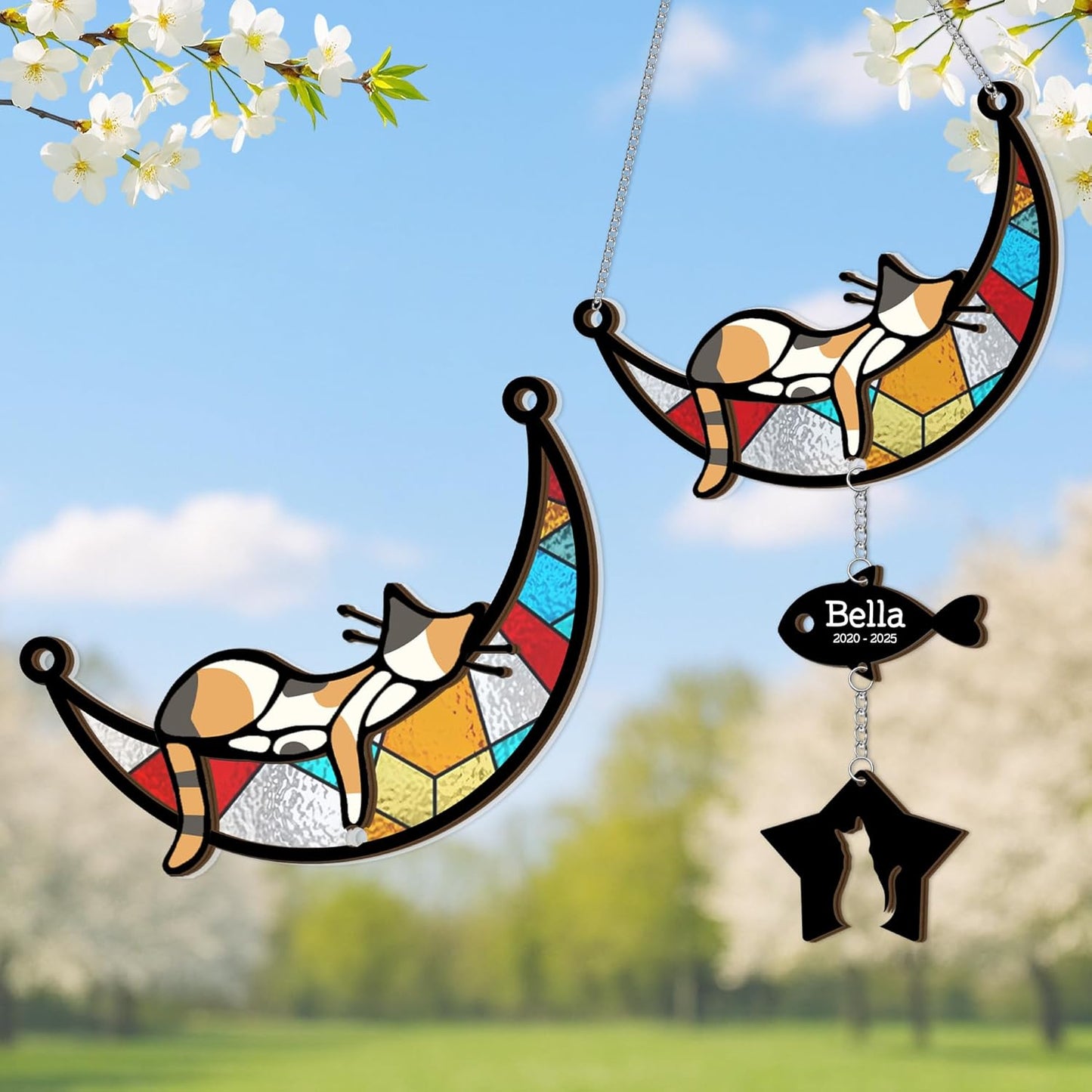 Custom Stained Glass Sleeping Cat Suncatcher |Cat Loss Sympathy Gift | Customized Pet Memorial Suncatcher with Charms | Custom Pet Memorial Gifts| Best Gifts for Your Beloved Cats Passed Away